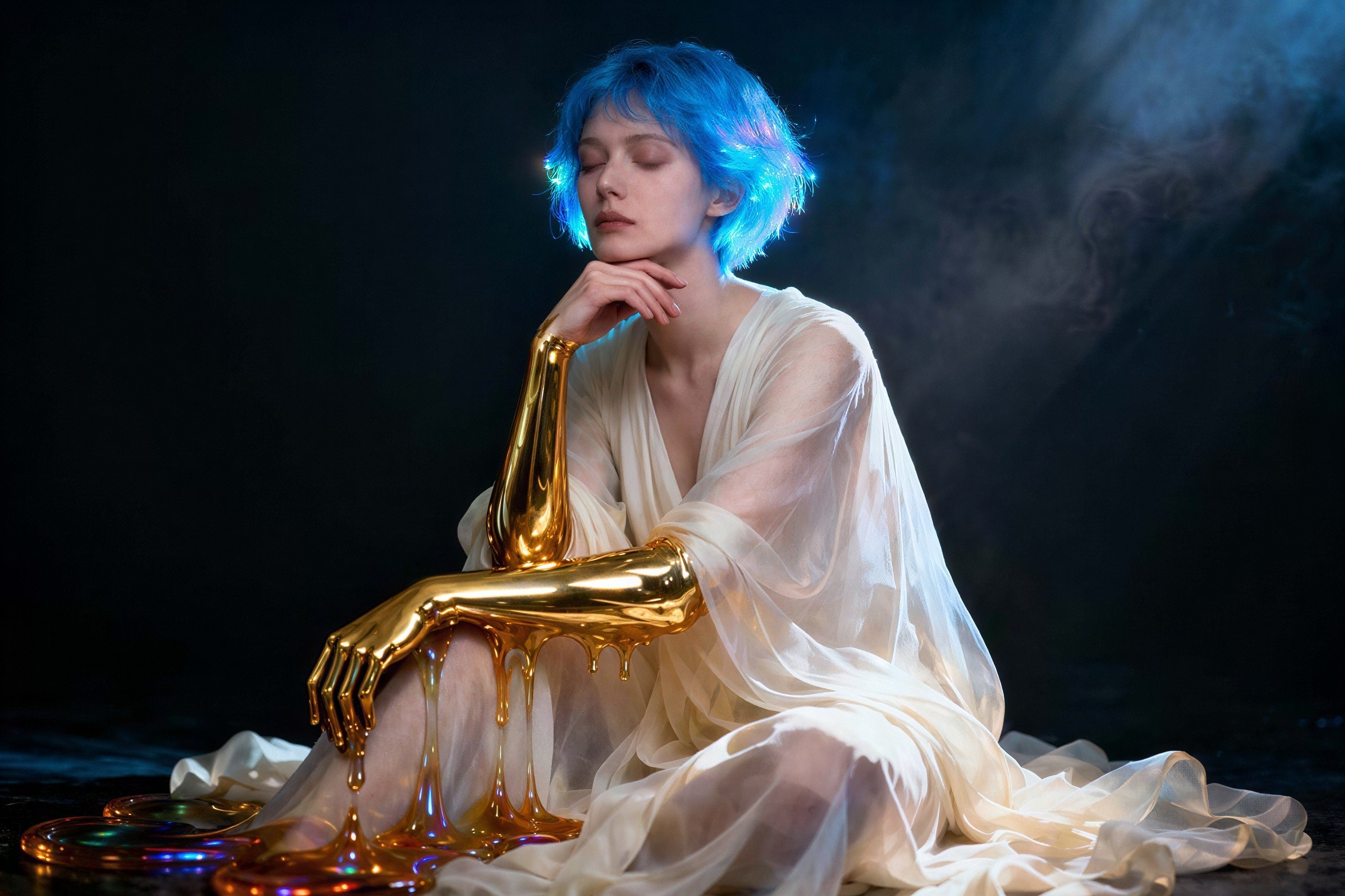 Woman with glowing blue hair in ethereal robe and gold arms