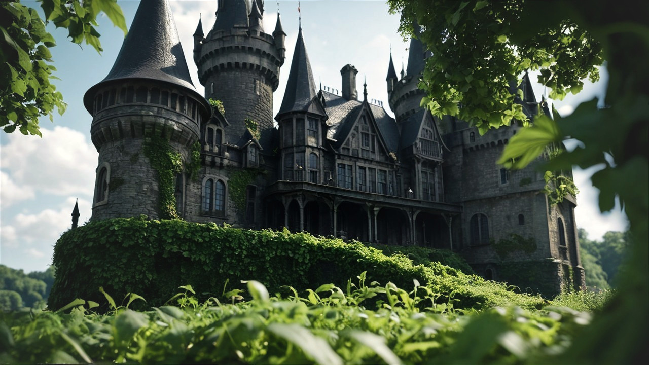 Medieval Castle Surrounded by Lush Greenery and Vines