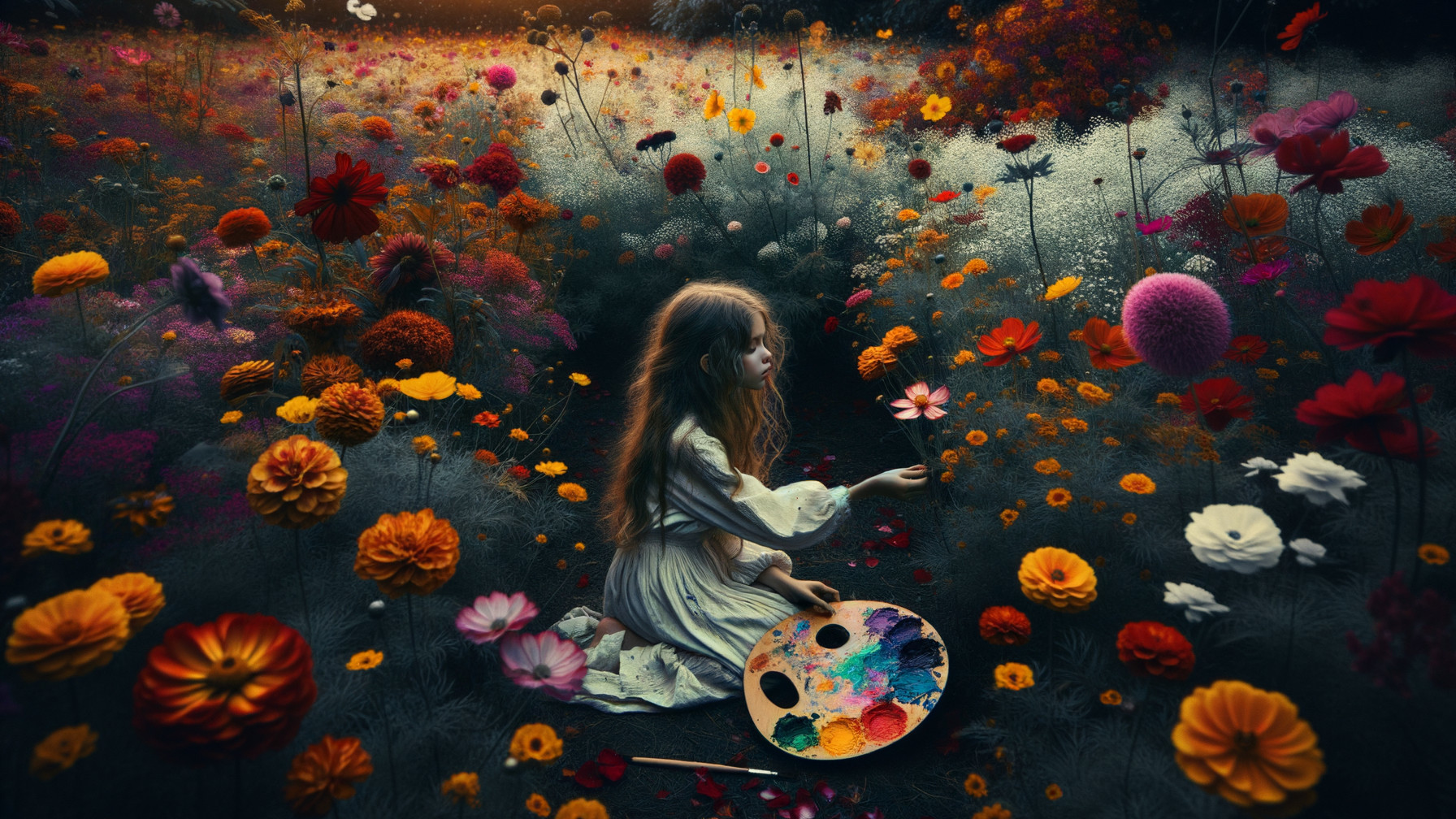 Young girl in a meadow with colorful flowers and palette