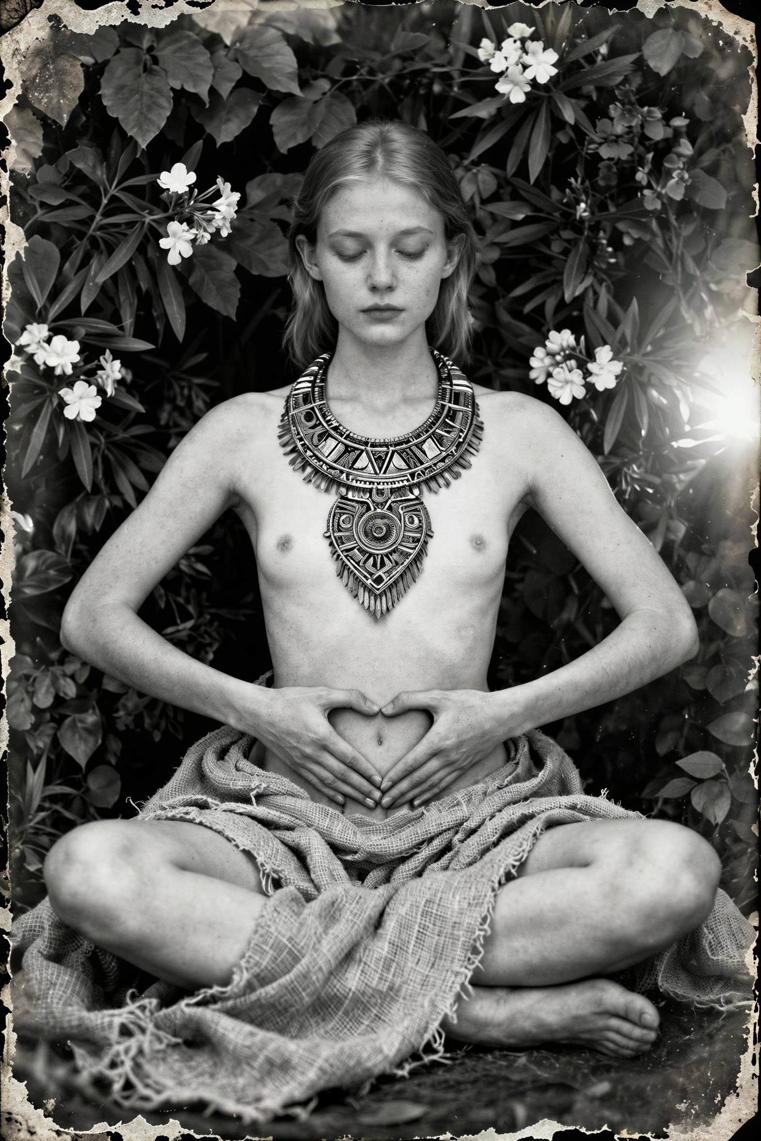 Black and white portrait of a meditating woman