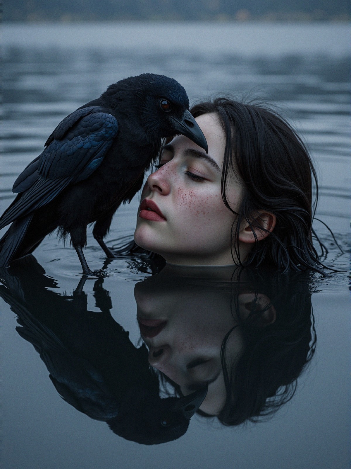 Mystical Gaze: Woman and Raven in Water