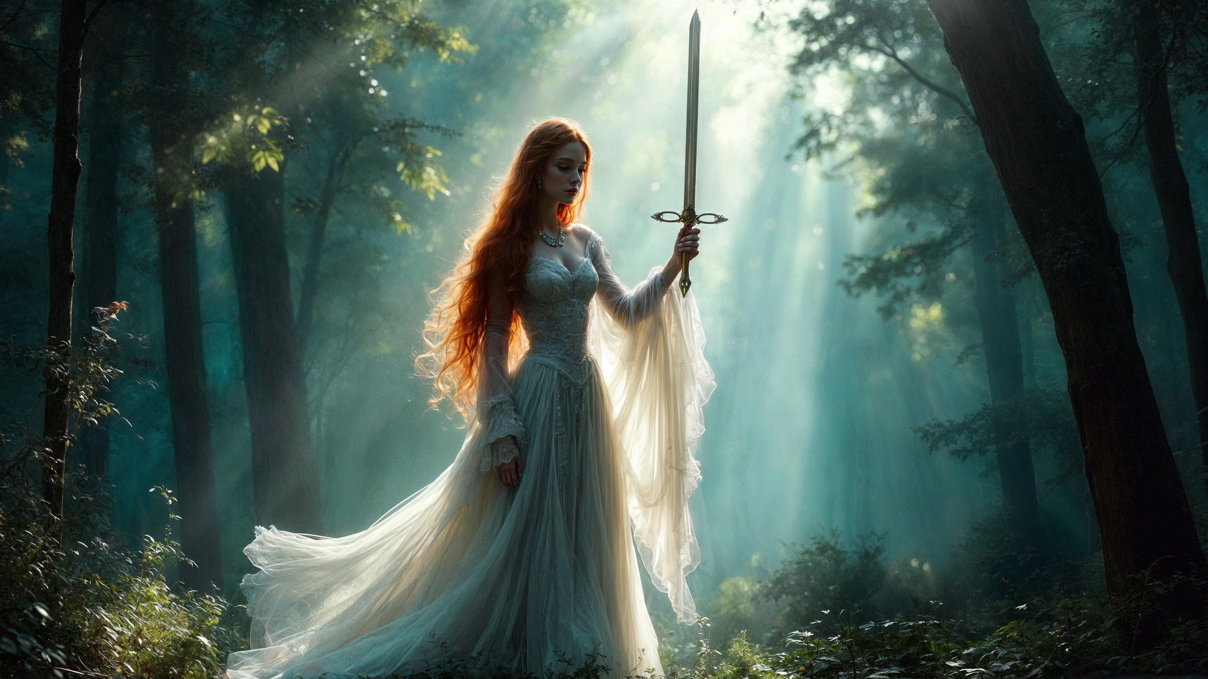 Mystical forest figure in ethereal gown with sword