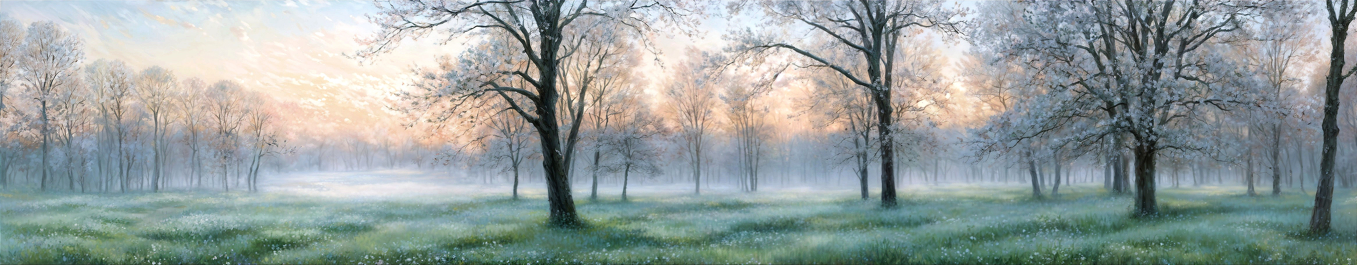 Serene winter landscape with frosted trees and mist
