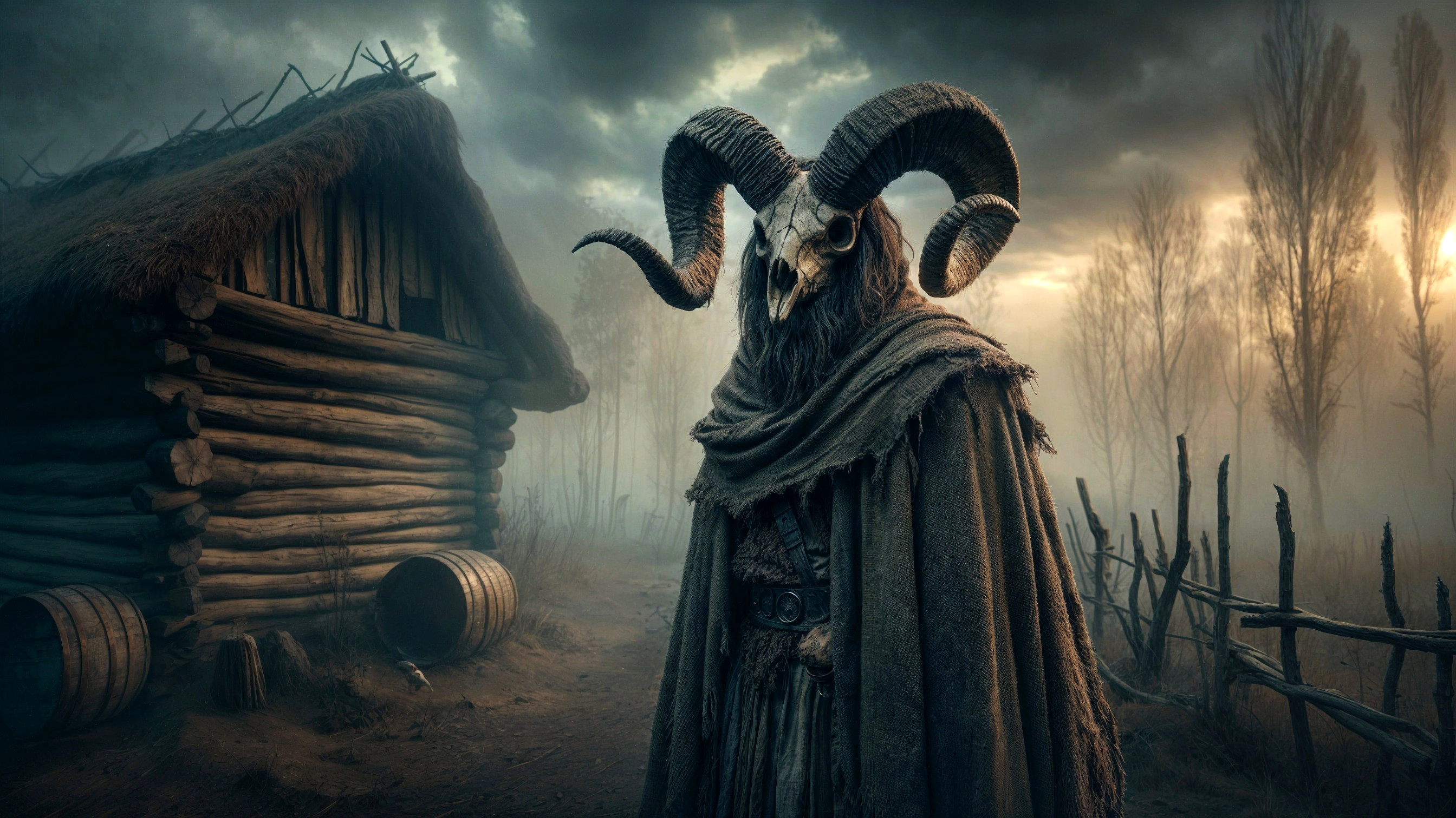 Mysterious Figure in Eerie Landscape with Cabin