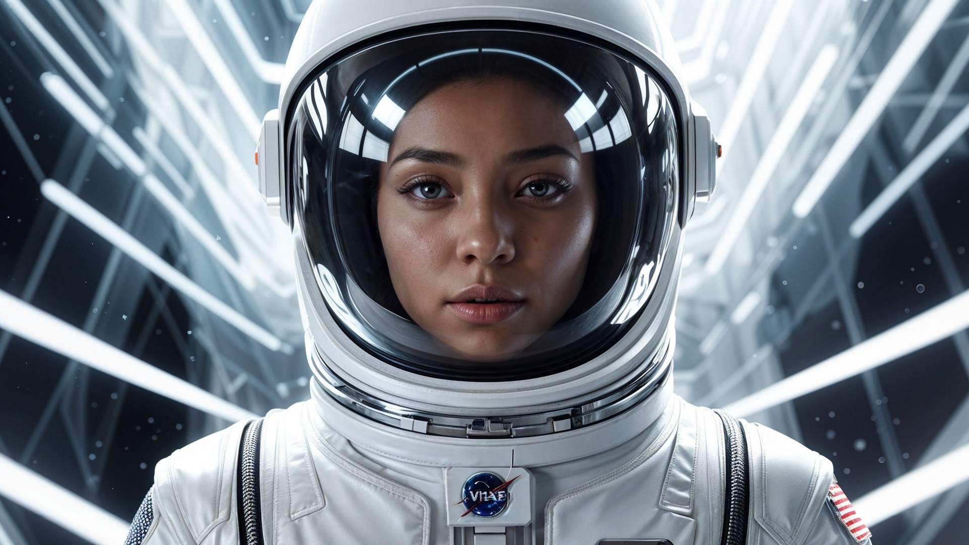 Close-up of an astronaut in a white suit with NASA logo