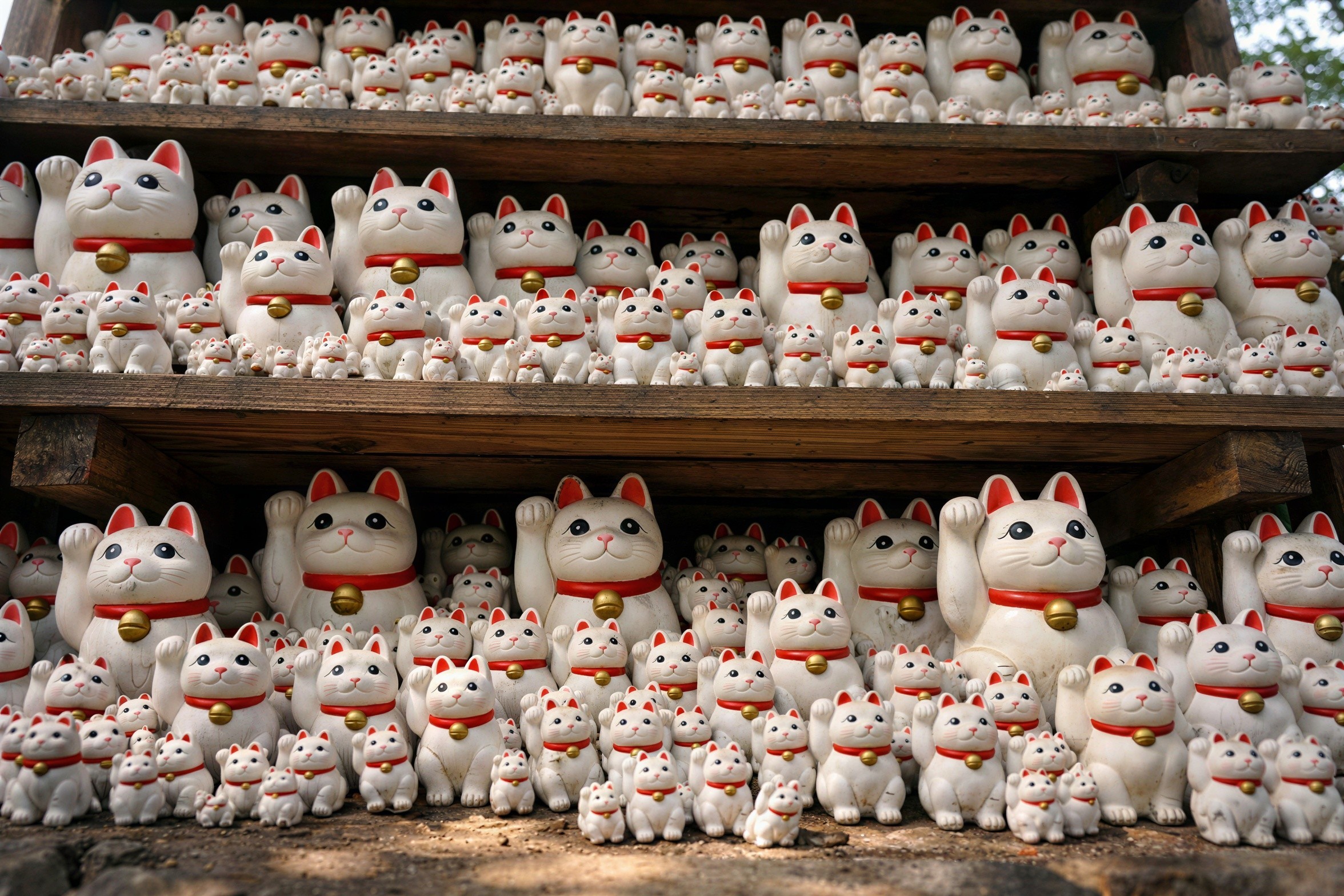 Arrangement of White Maneki-Neko Cats on Shelves