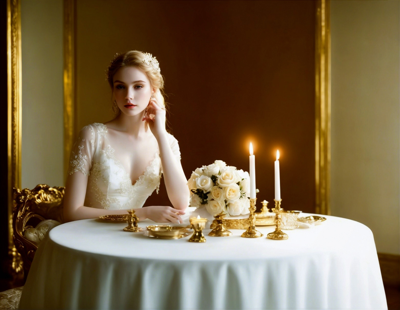 Elegant Bride at Romantic Candlelit Table Setting