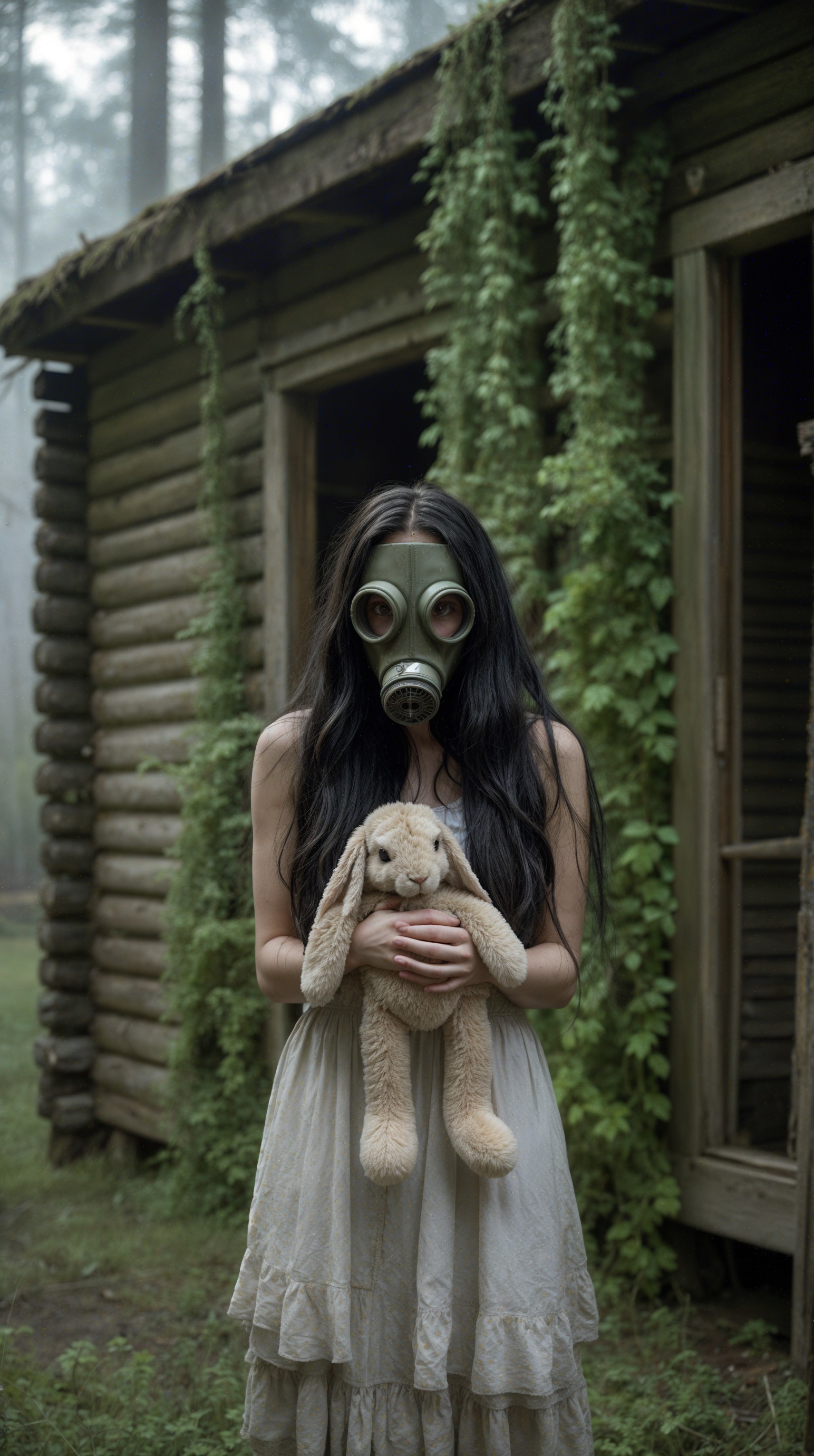 Misty Forest Scene with Vintage Gas Mask and Cabin