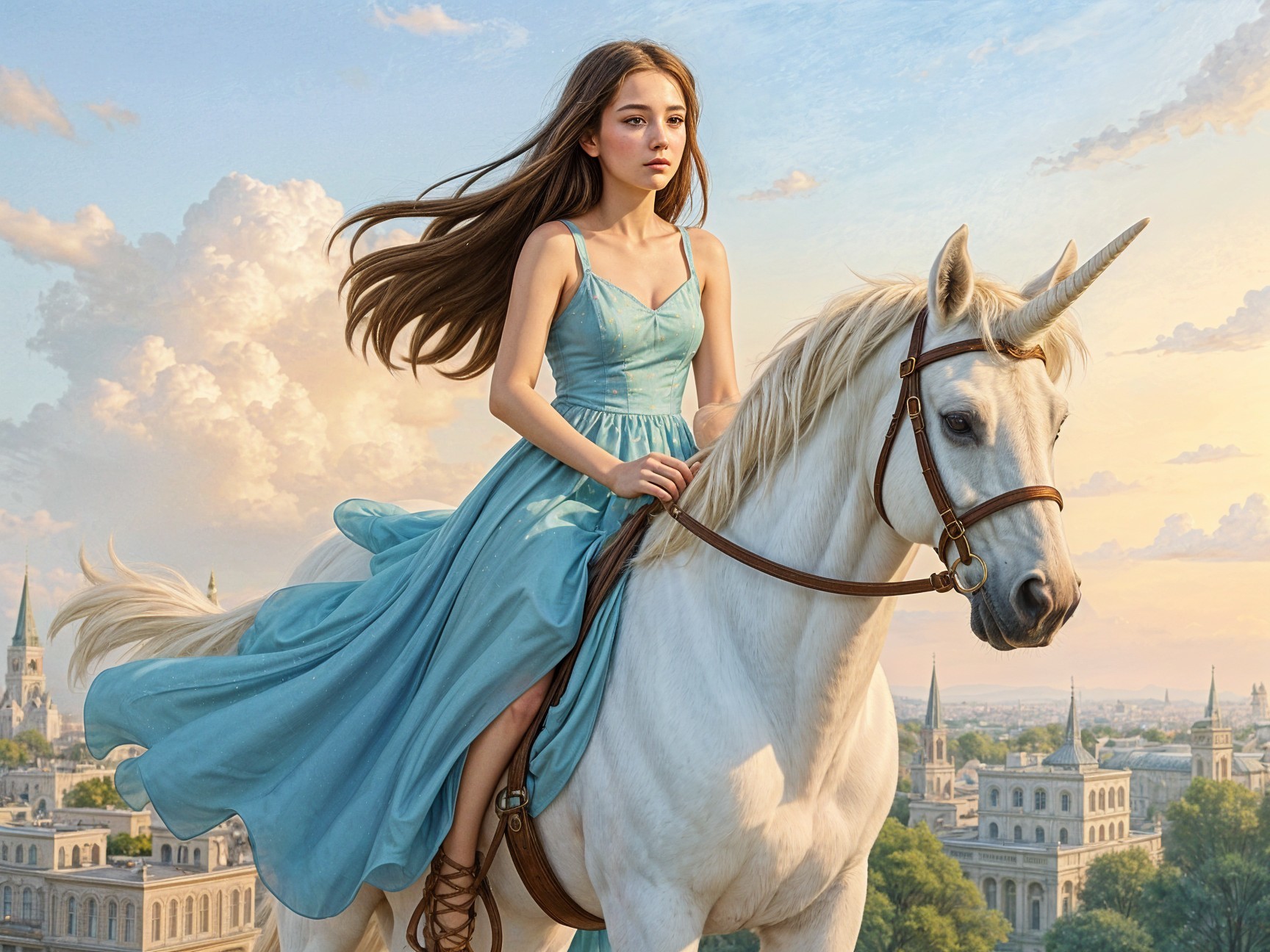 Young woman on unicorn in enchanting landscape