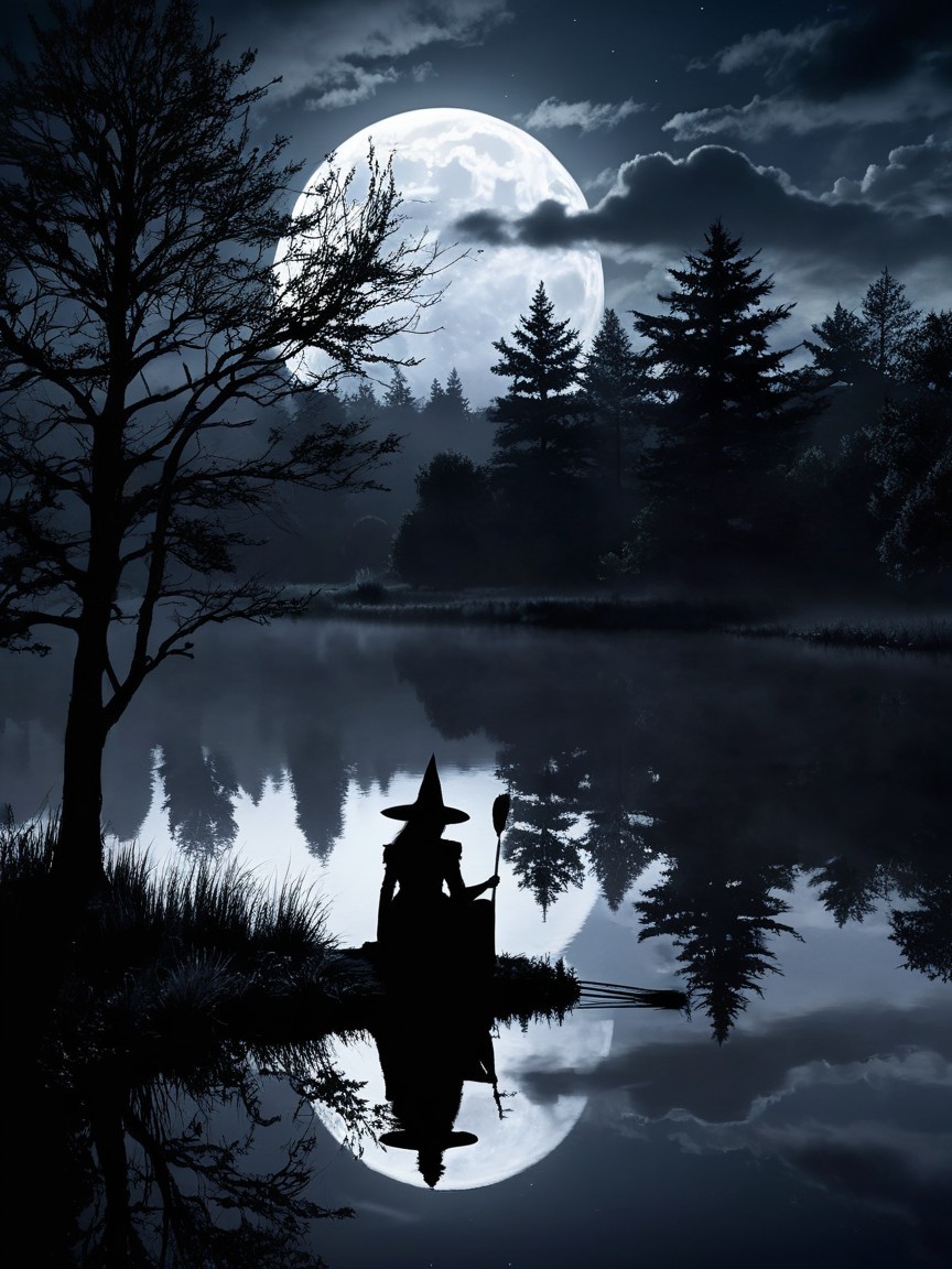 Nighttime Scene with Witch in Boat Under Full Moon