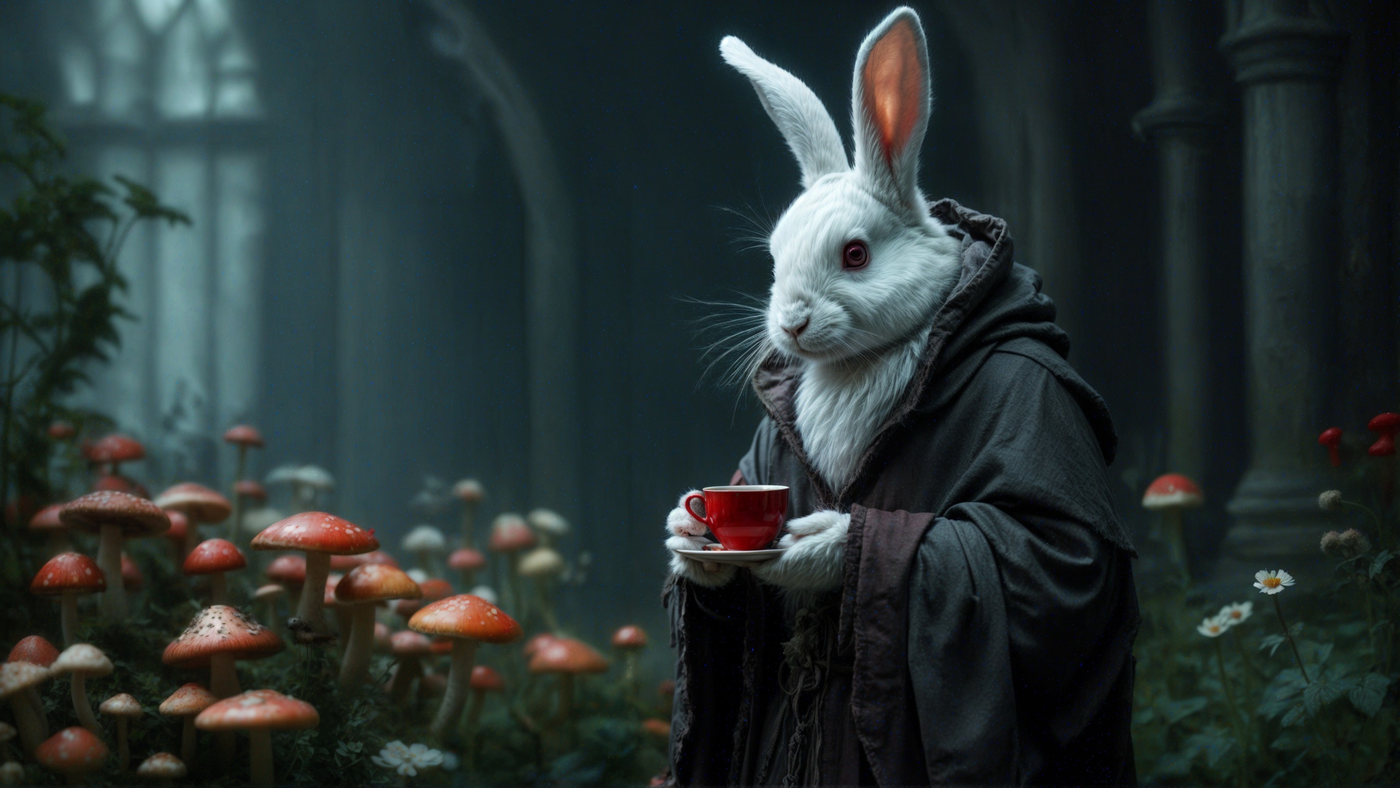 Mystical forest scene with a wise rabbit and mushrooms