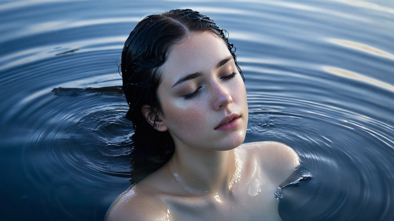 Young Woman in Calm Water with Reflective Ripples