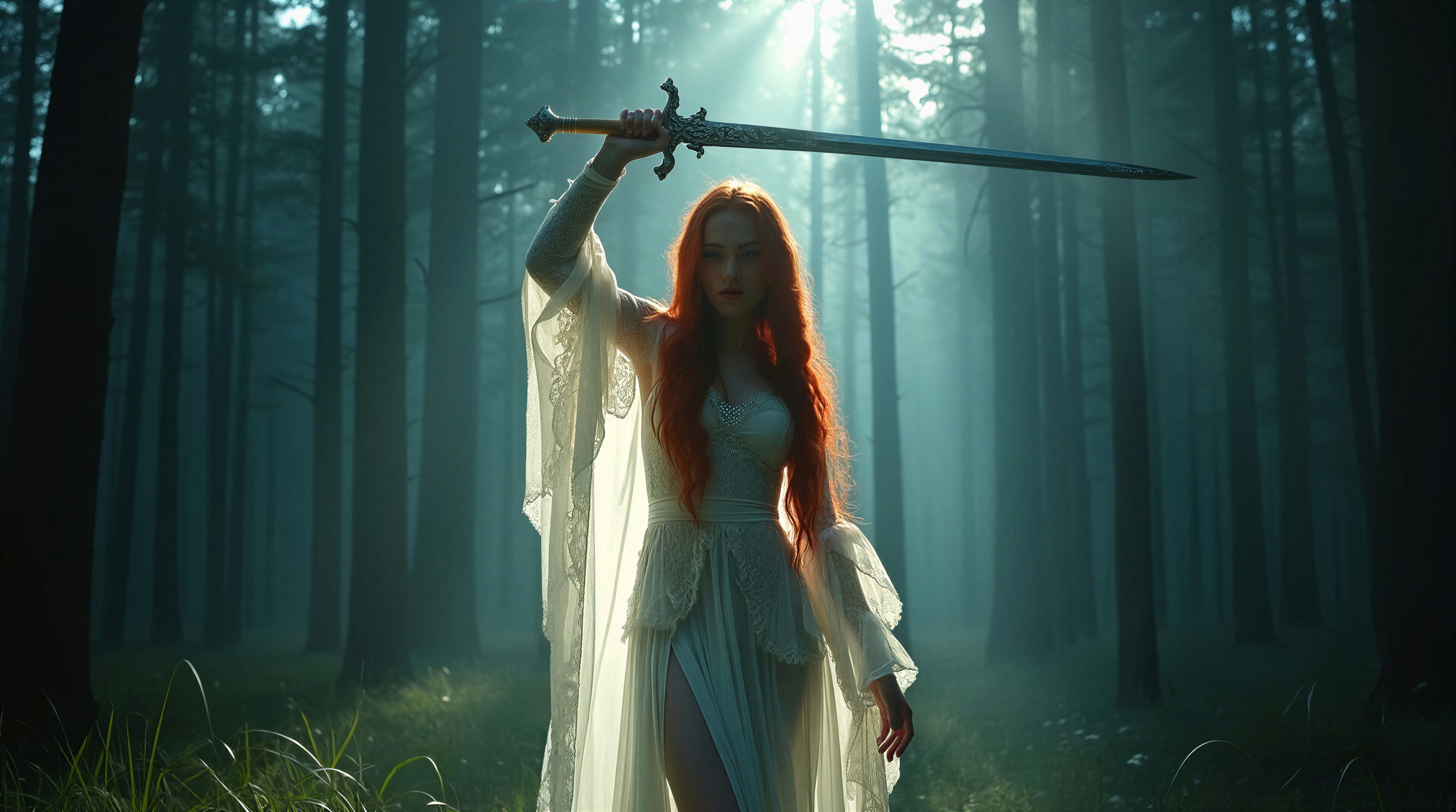 Mystical Figure in Foggy Forest with Sword and Light