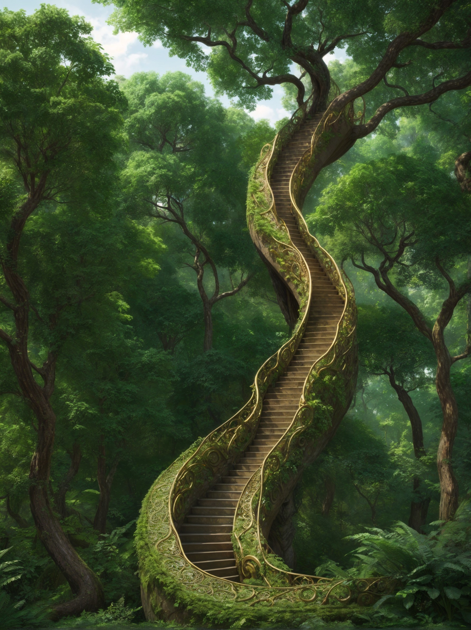 Wooden Spiral Staircase in a Lush Forest Setting