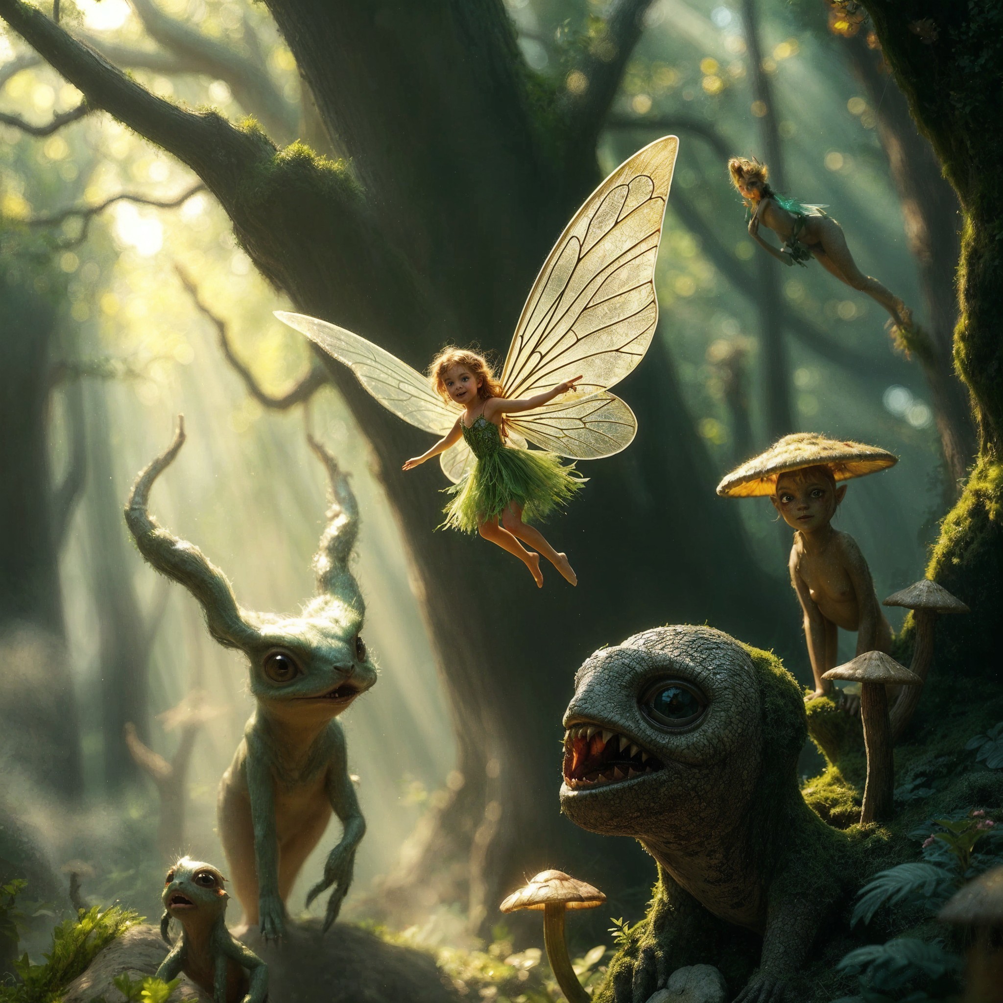 Magical forest scene with whimsical creatures and fairies