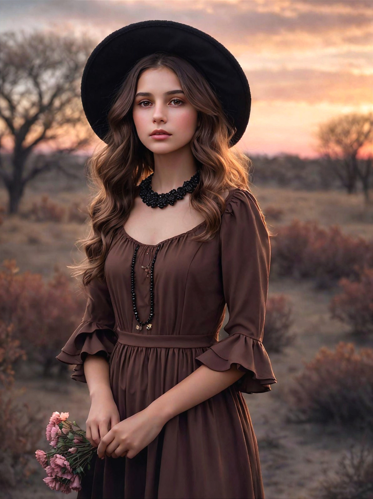 Young Woman in Brown Dress at Sunset with Flowers