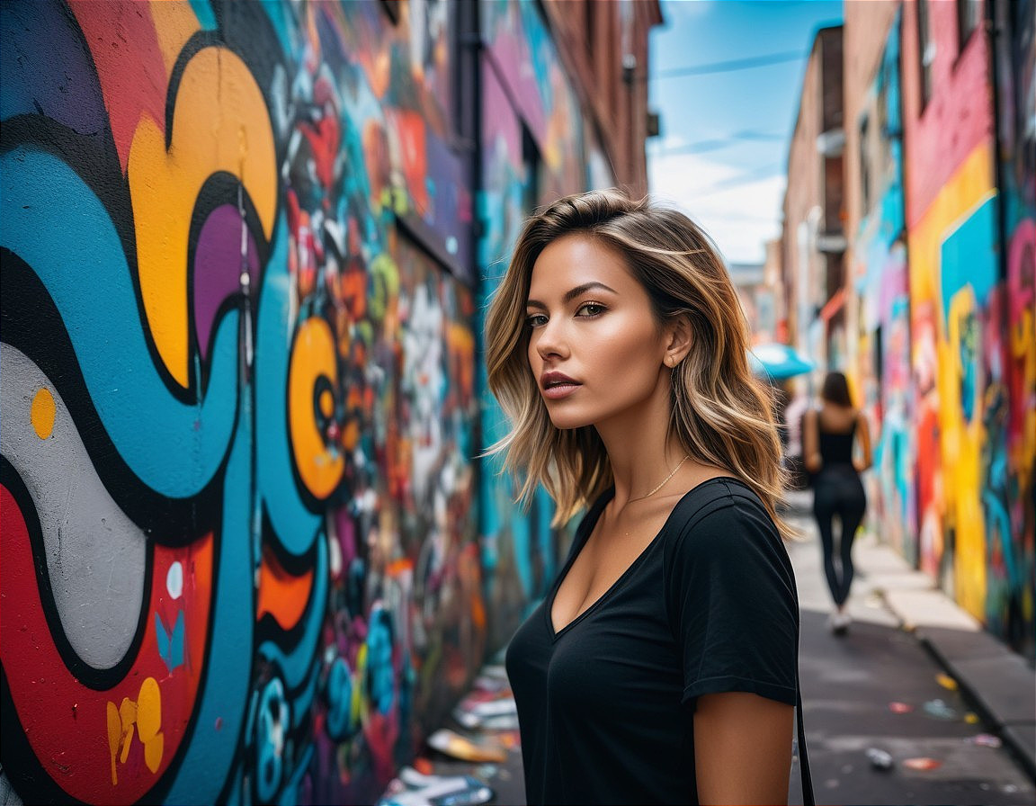 Young woman in urban alley with colorful street art