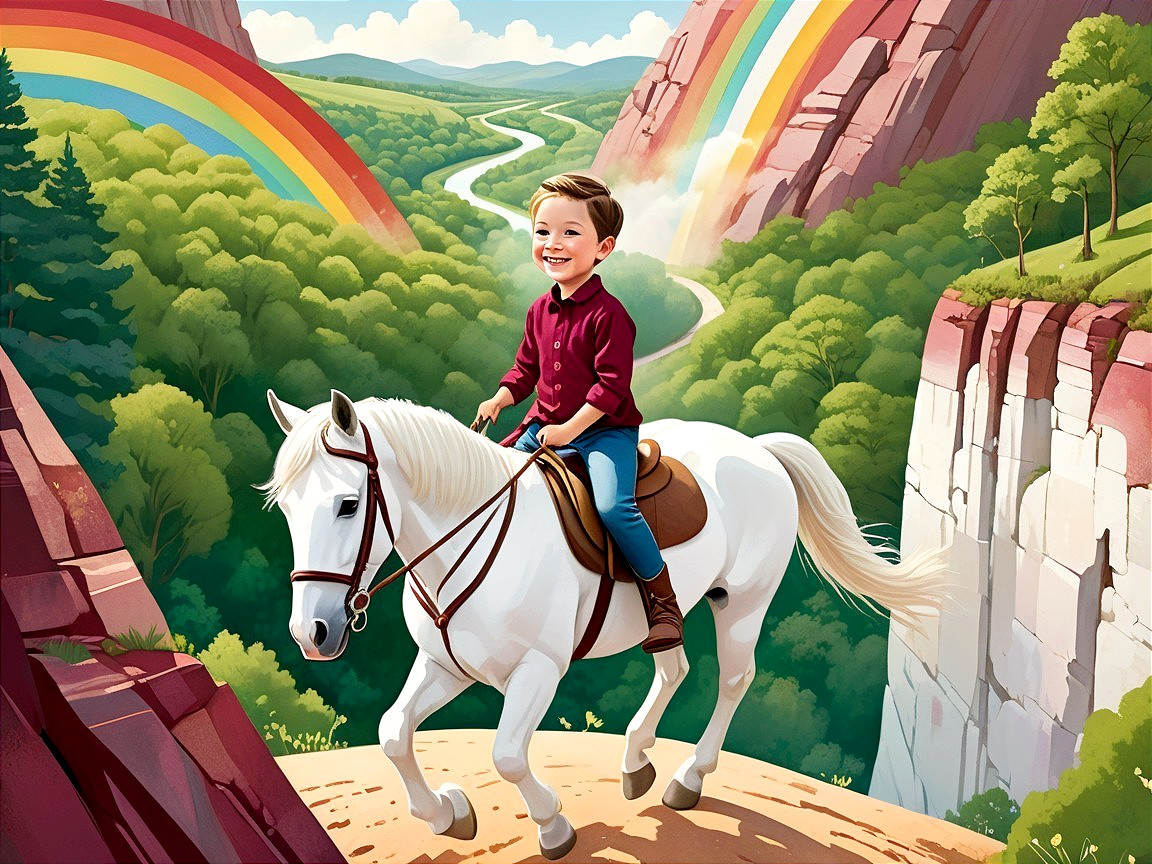 Young boy riding a white horse in scenic landscape