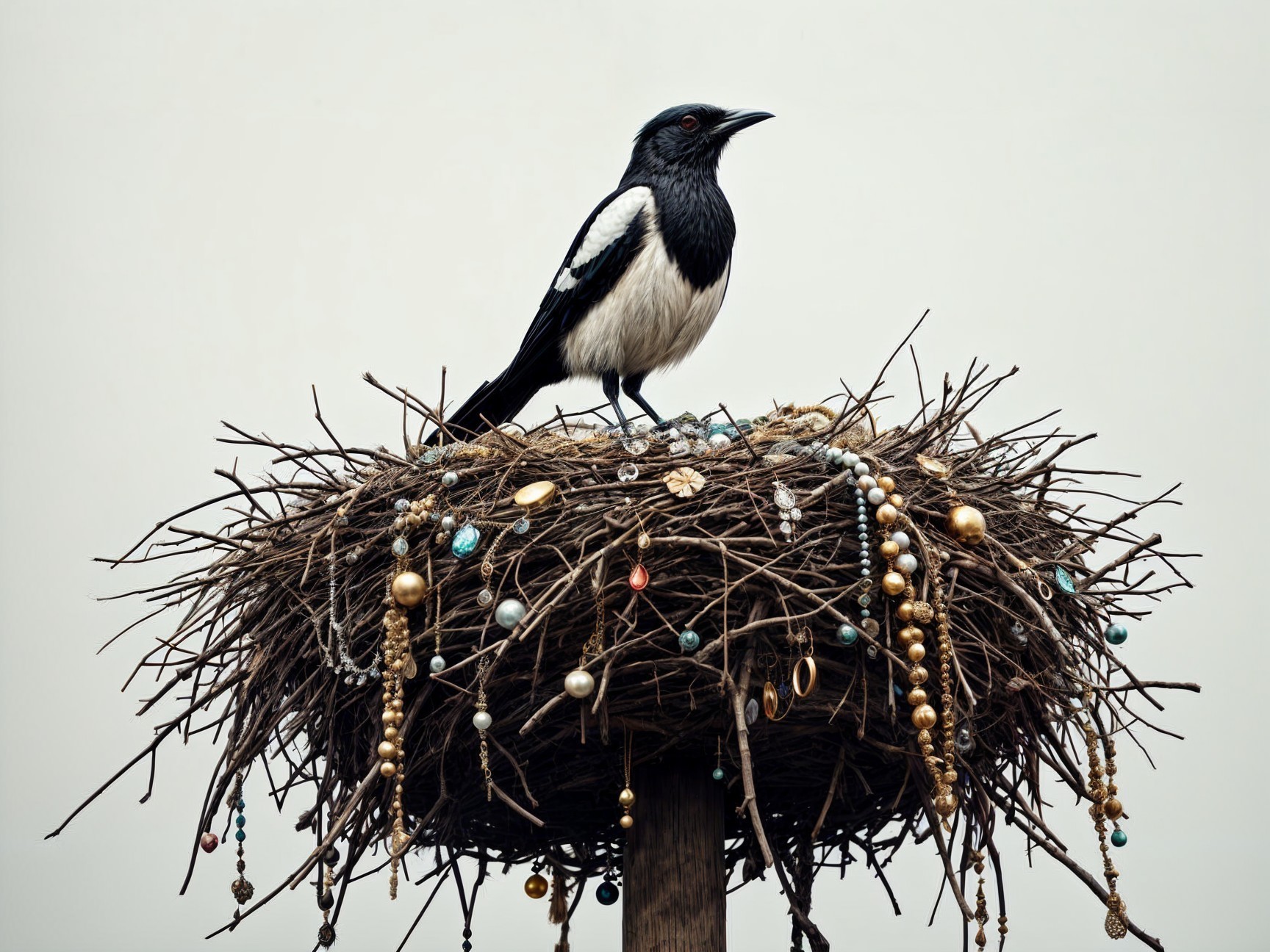 Bird on Nest with Colorful Jewels in Overcast Setting