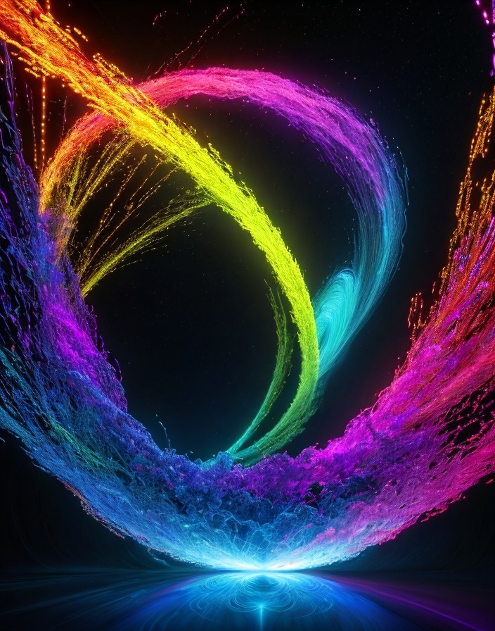 Vibrant Rainbow Swirl of Light and Particles on Dark Background