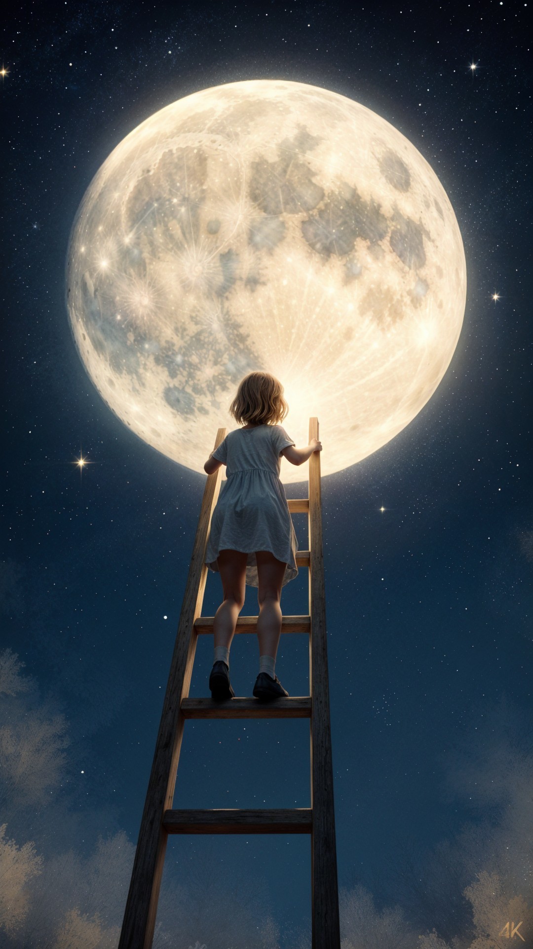 Child in White Dress Reaching for Full Moon at Night