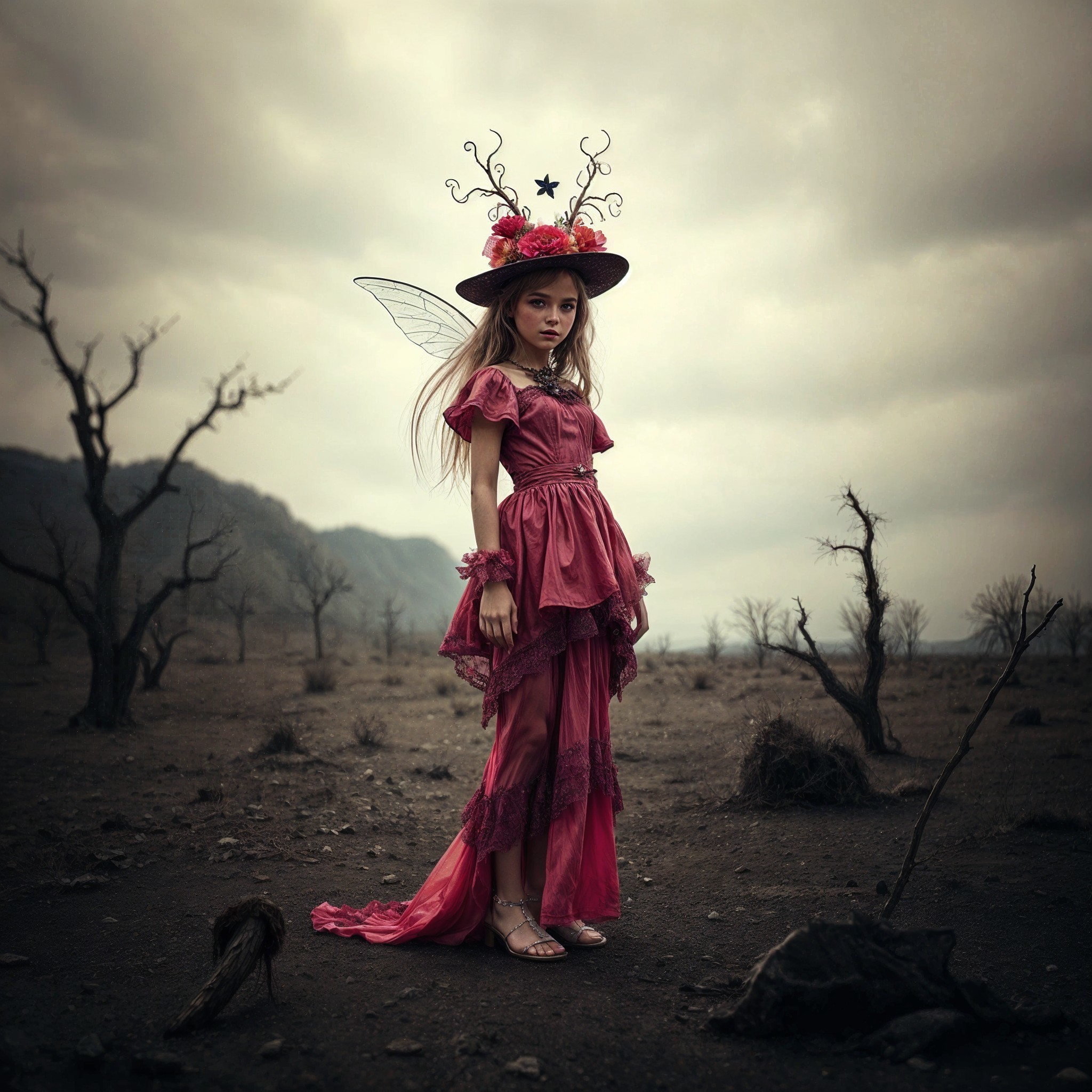 Young girl in pink dress with wings in desolate landscape