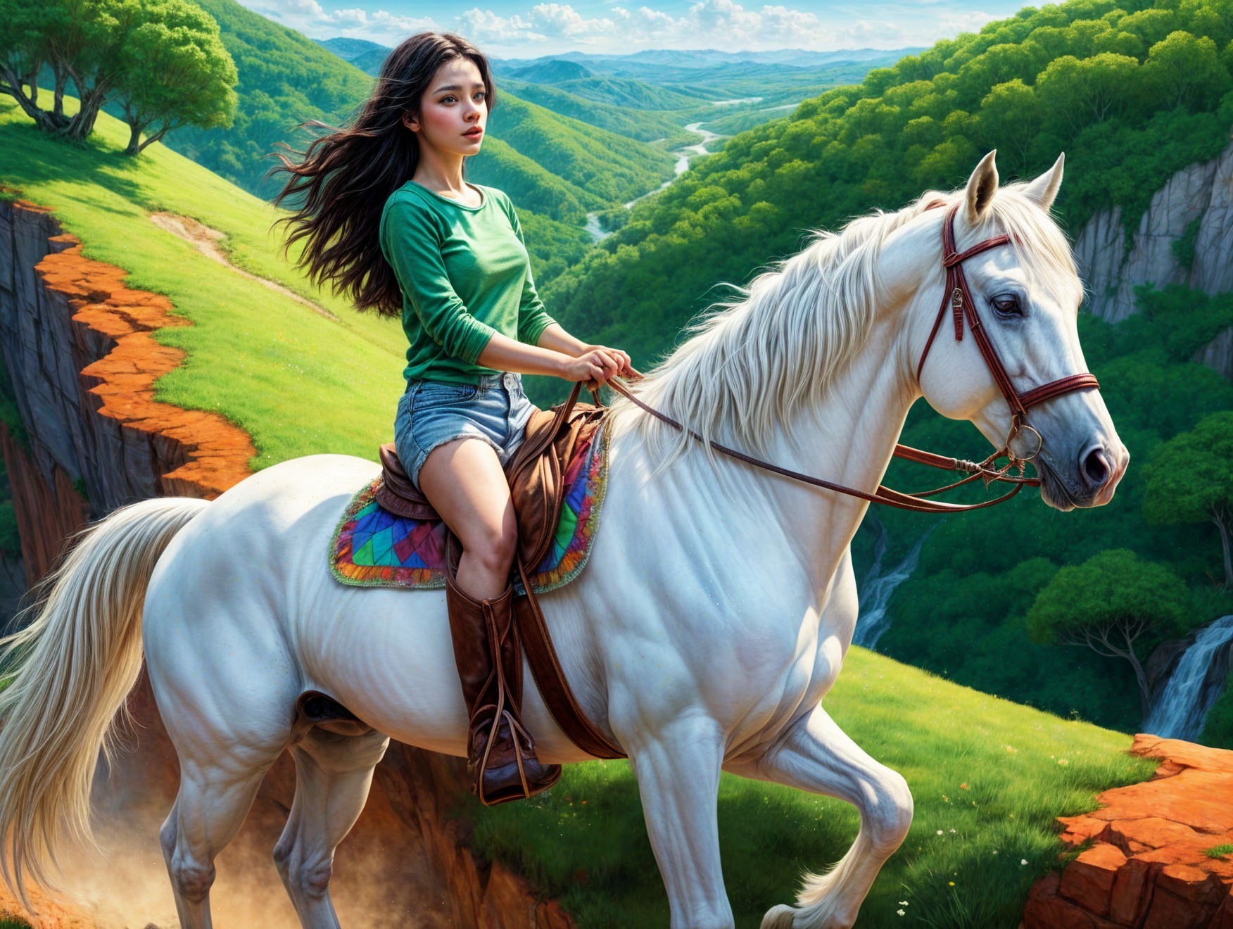 Young woman on white horse by lush cliffside landscape