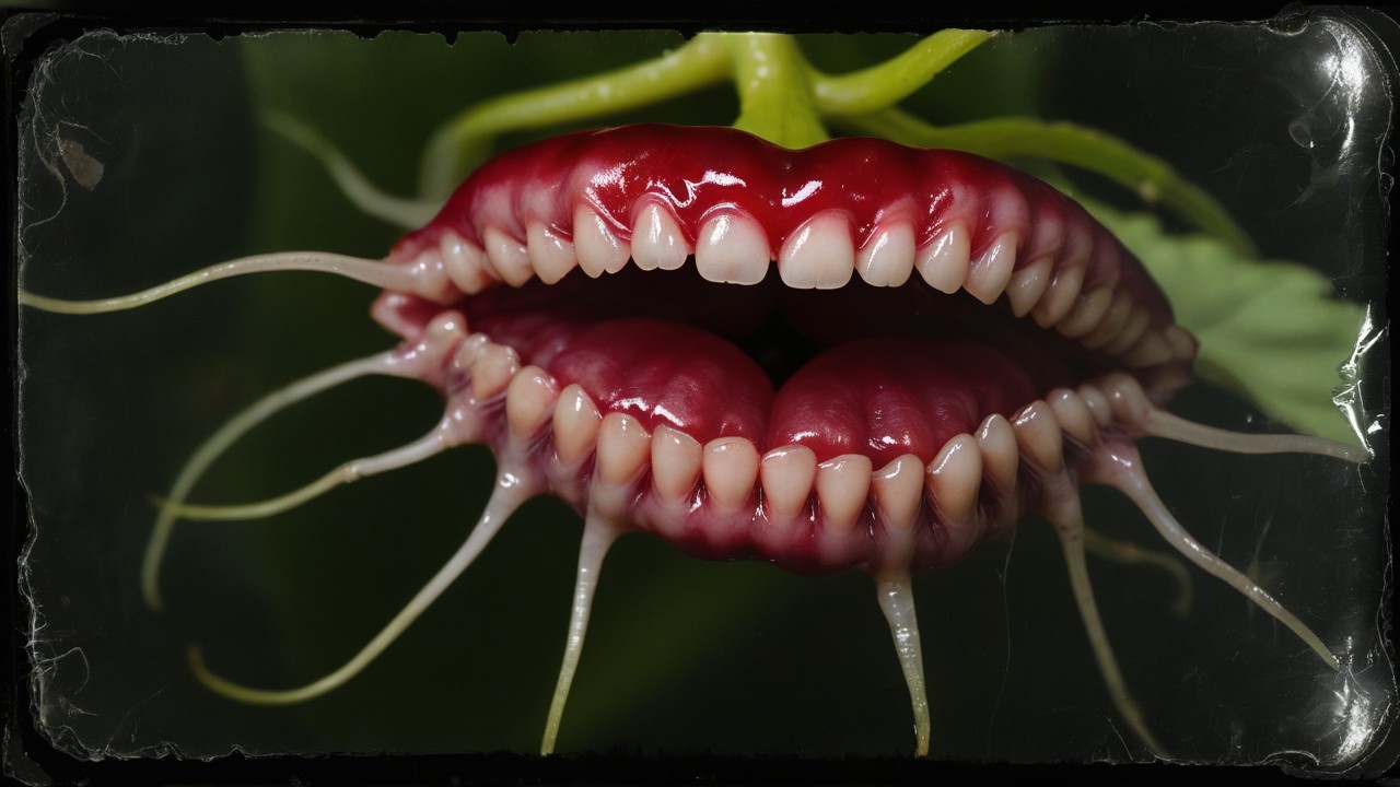 Surreal Artwork of Vivid Red Lips and Tentacle Appendages