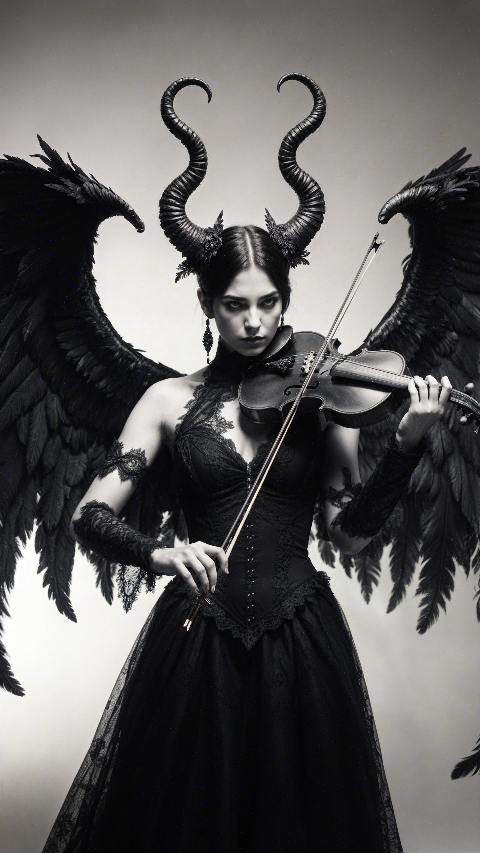 Dark Elegance in Black Gown with Raven Wings