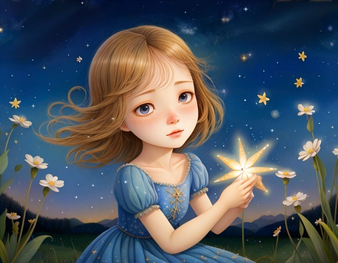 Illustration of a girl with a star in a night sky