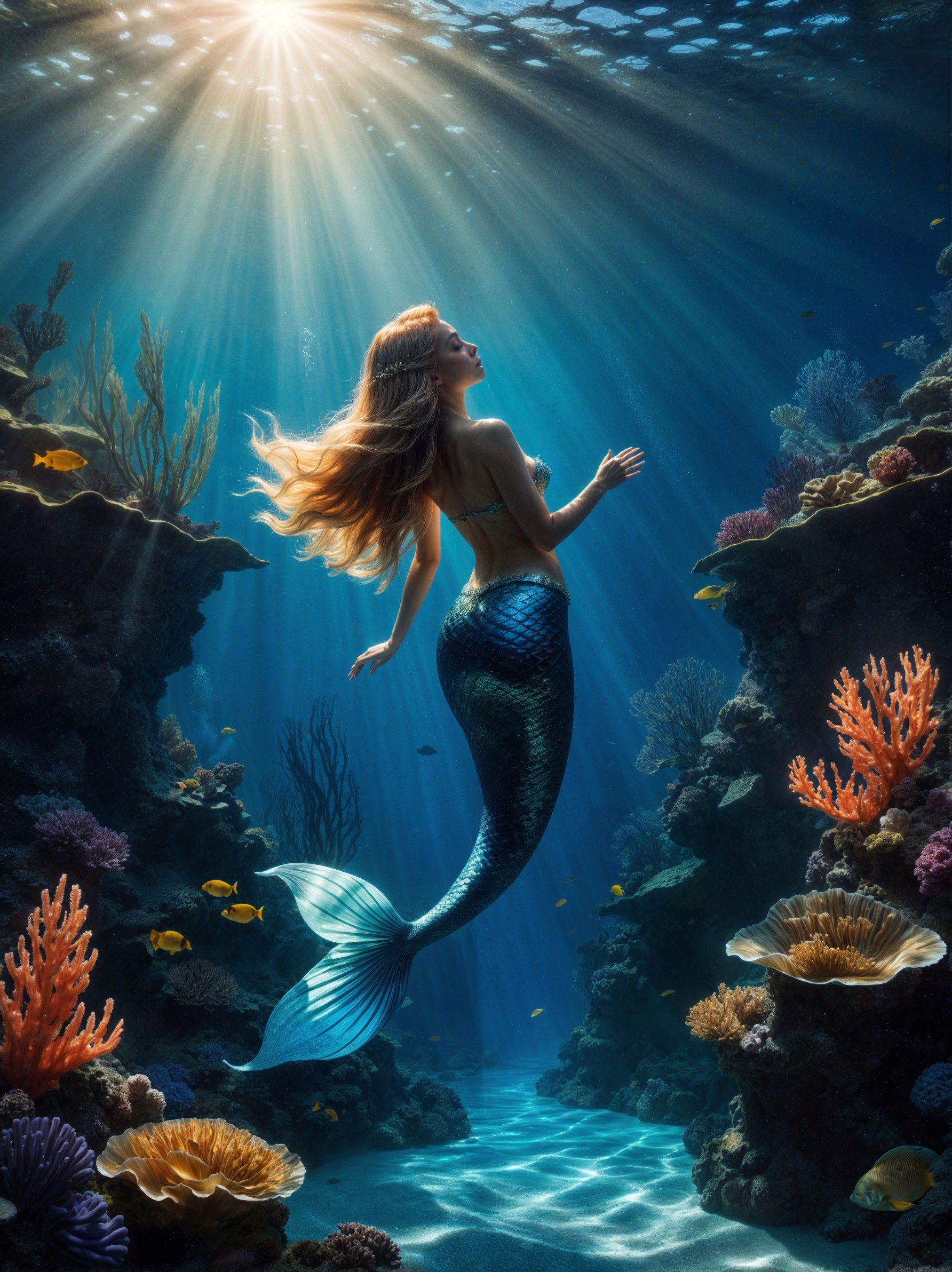Mermaid Swimming in a Colorful Underwater Landscape