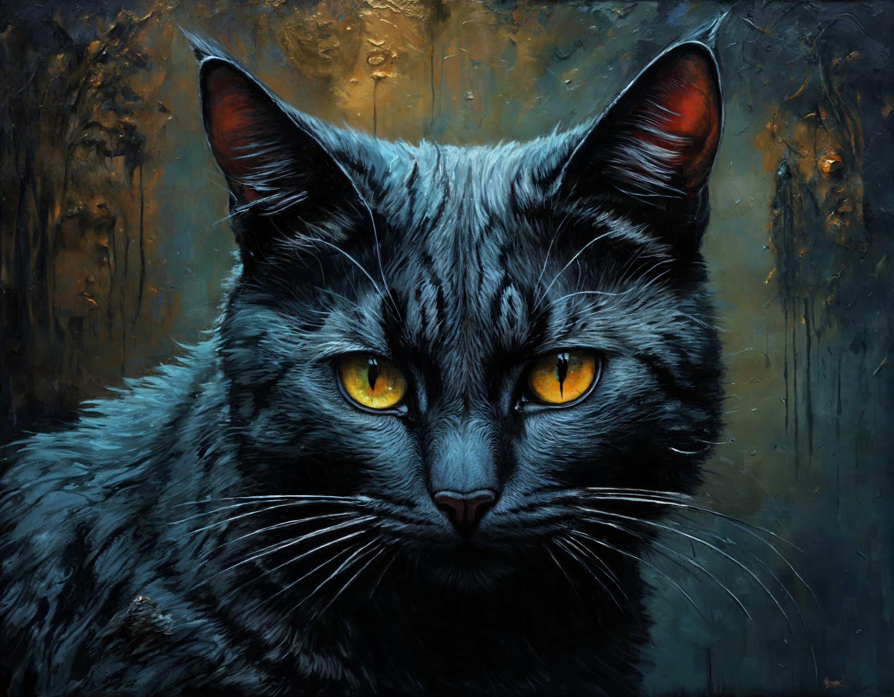 Close-up of a black cat with yellow eyes and fur texture