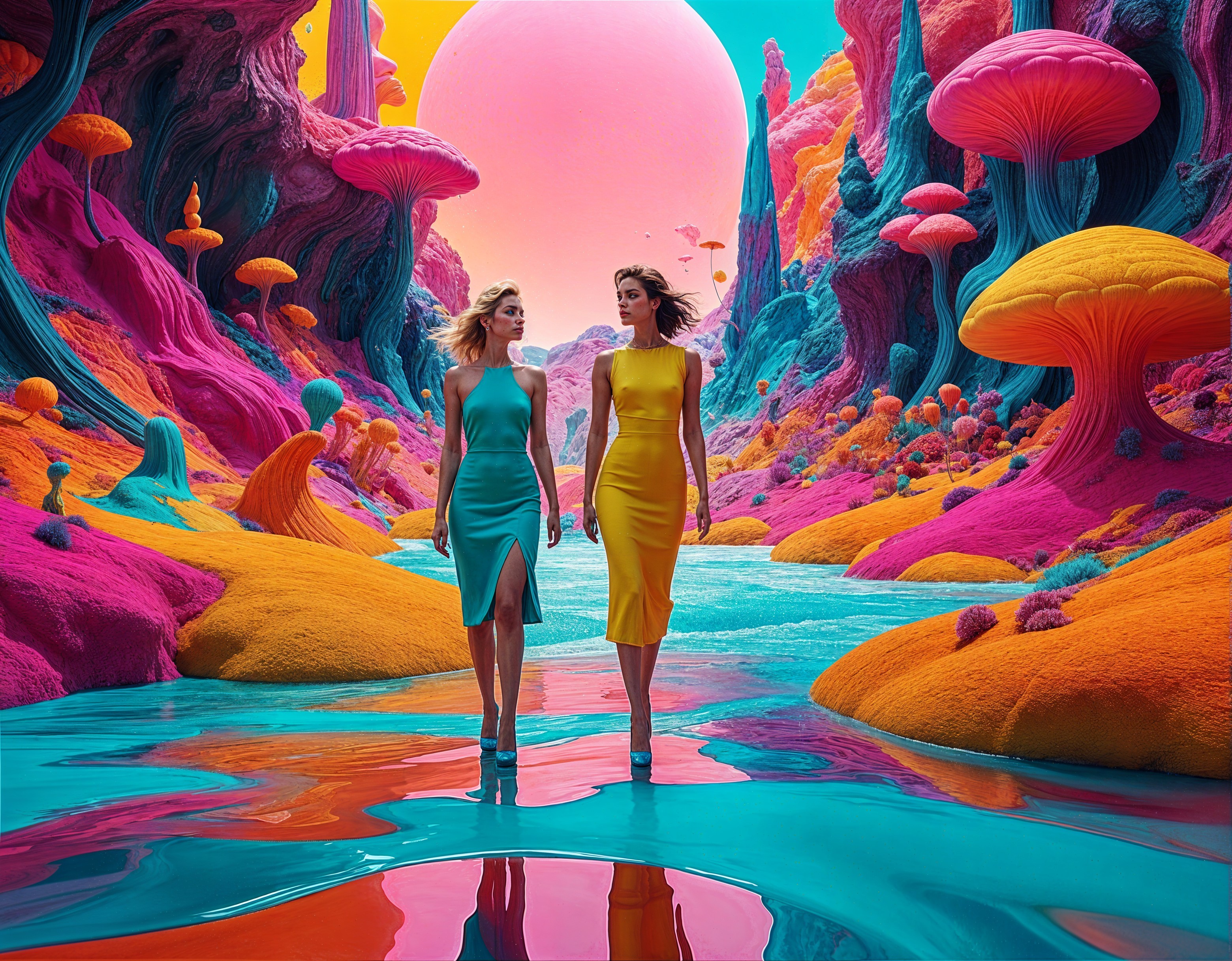 Surreal Landscape with Women in Vibrant Dresses