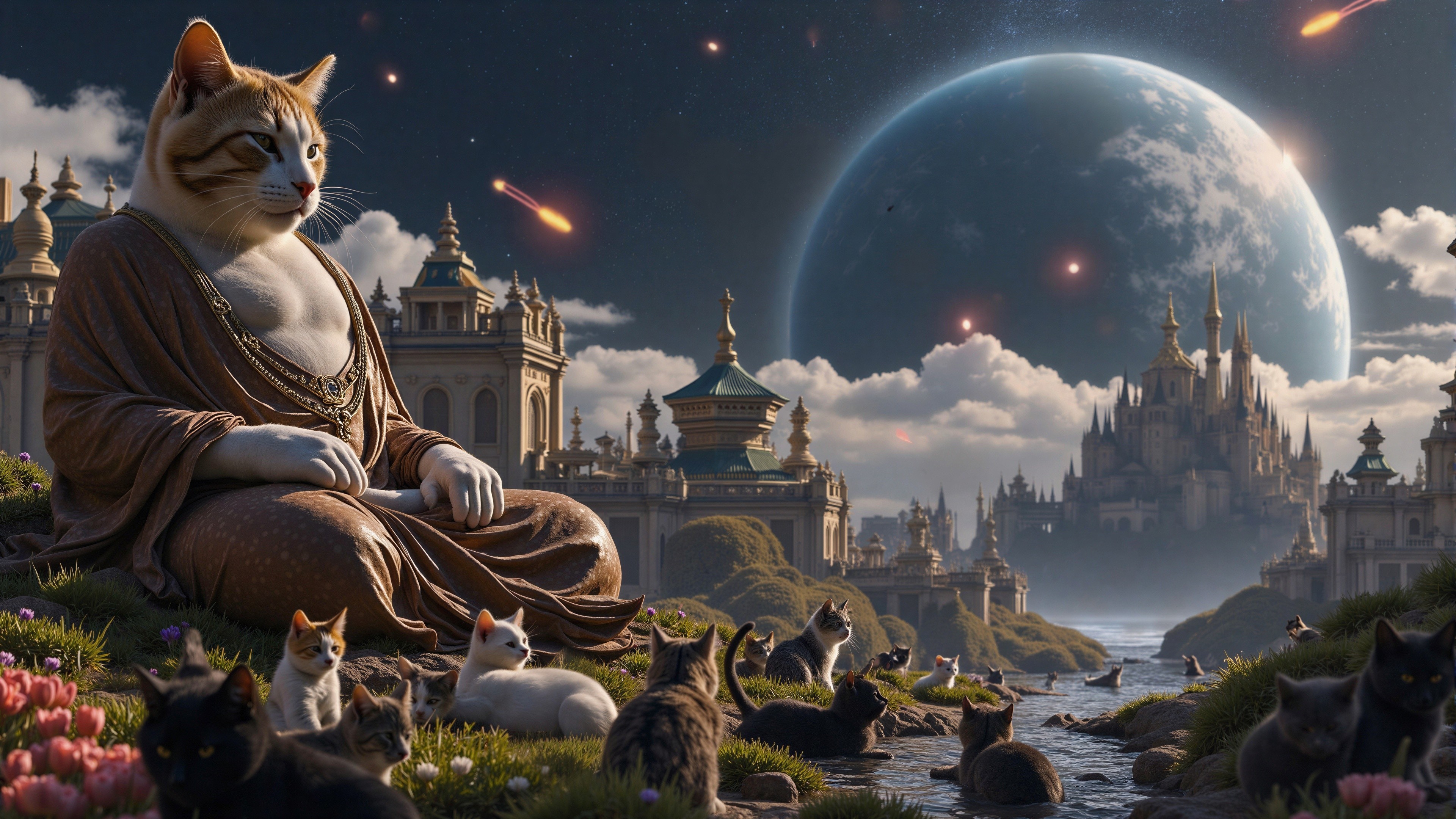 Majestic Cat-Like Buddha Overlooking Serene Landscape