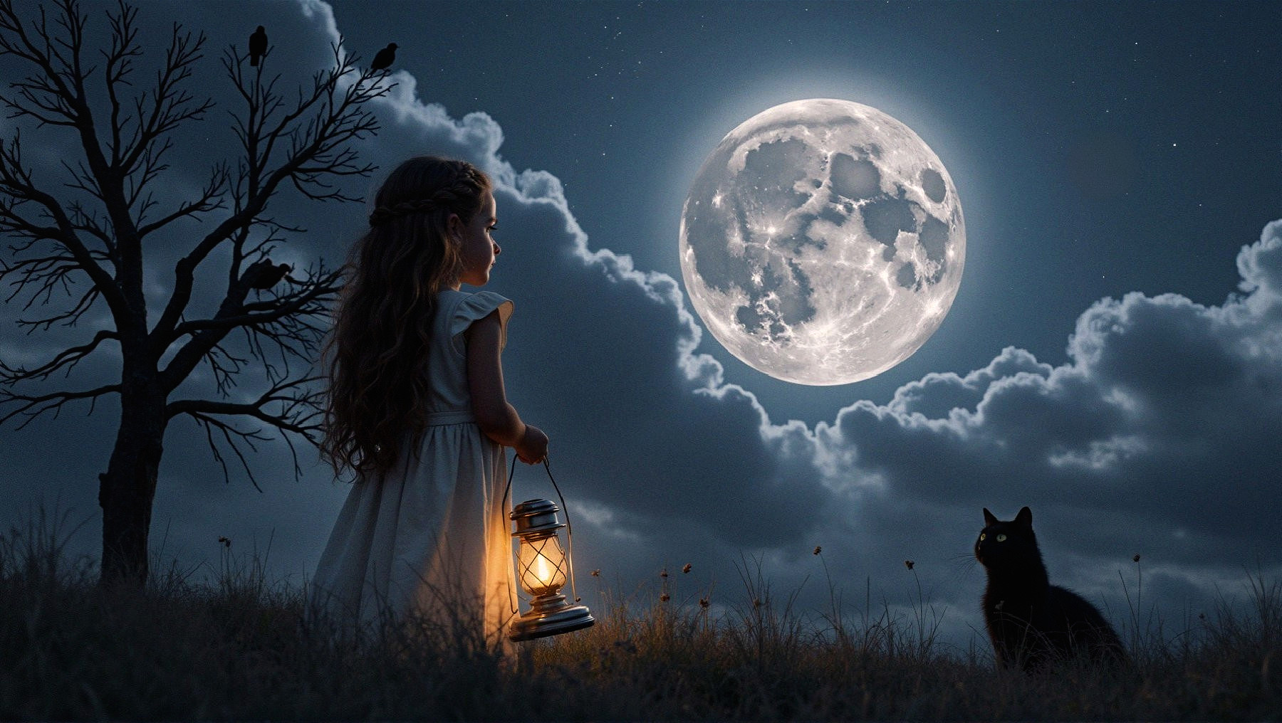 Young girl in white dress with lantern in moonlit field