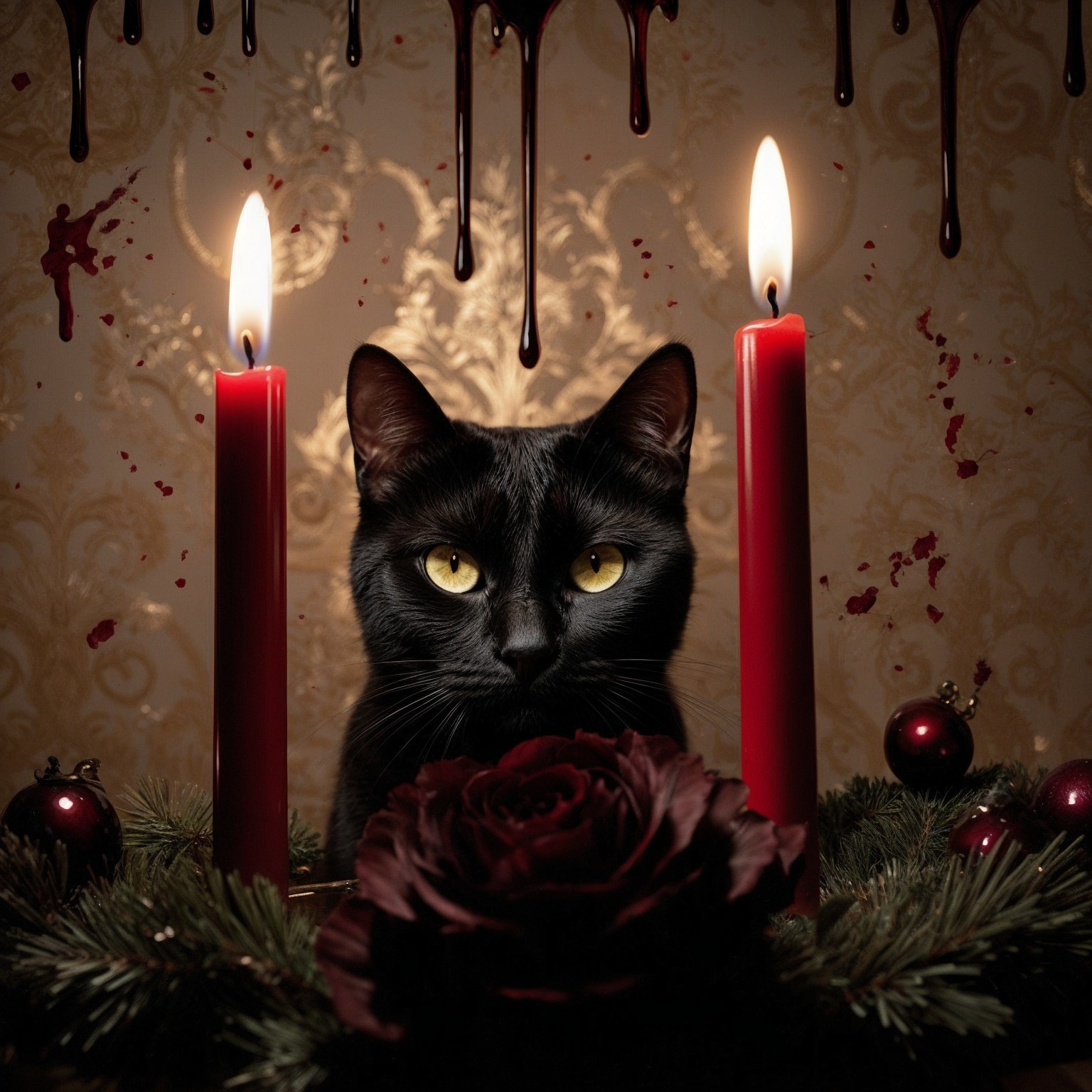Black Cat Surrounded by Red Candles and Greenery