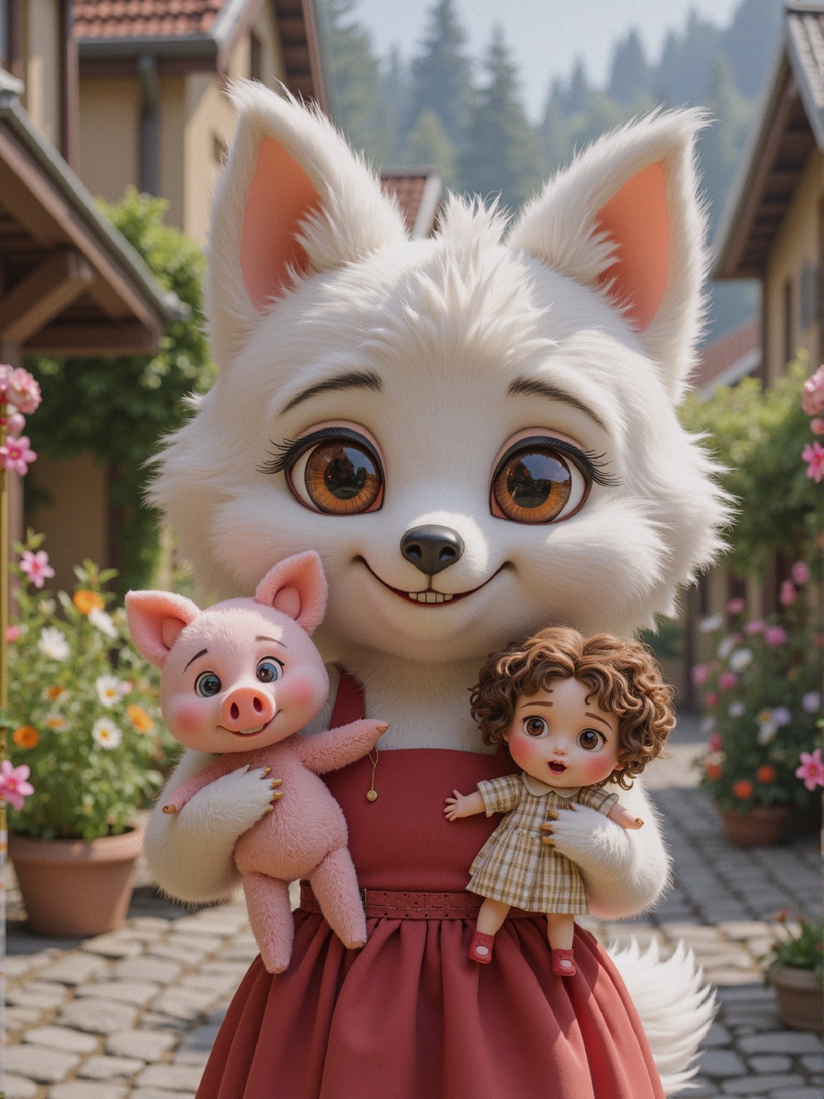 Cartoon White Fox Character in Charming Village Setting
