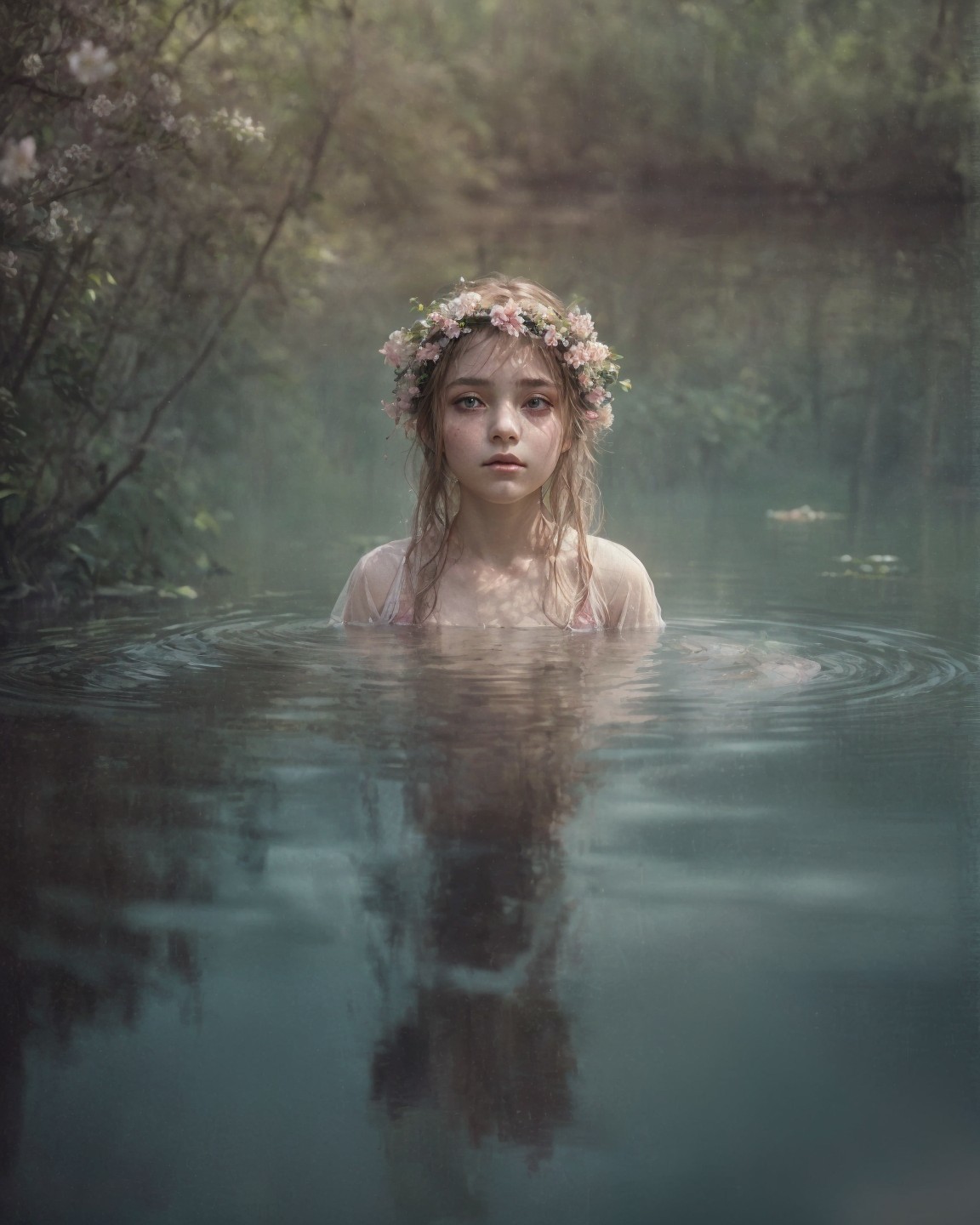 Young girl in misty water with floral crown