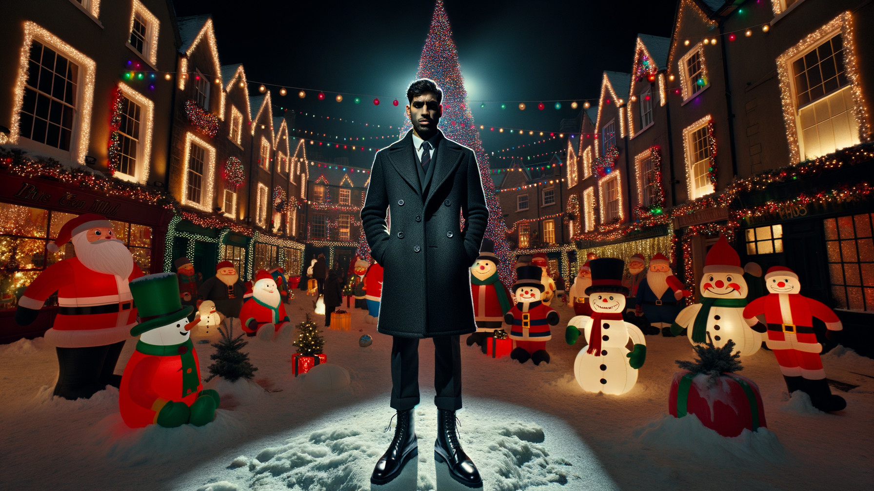 Rishi Sunak in a Snowy Street with Christmas Decor