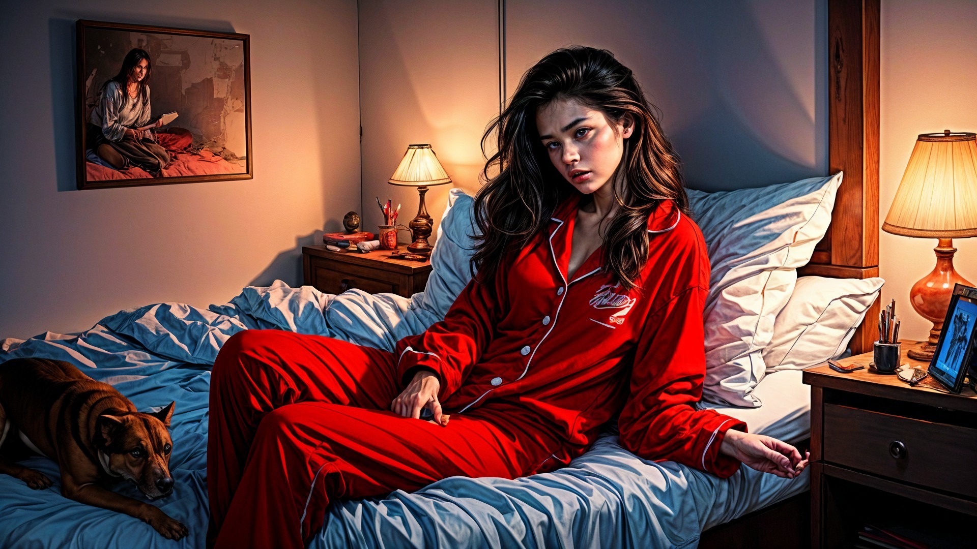 Young Woman in Red Pajamas on a Bed with Dog