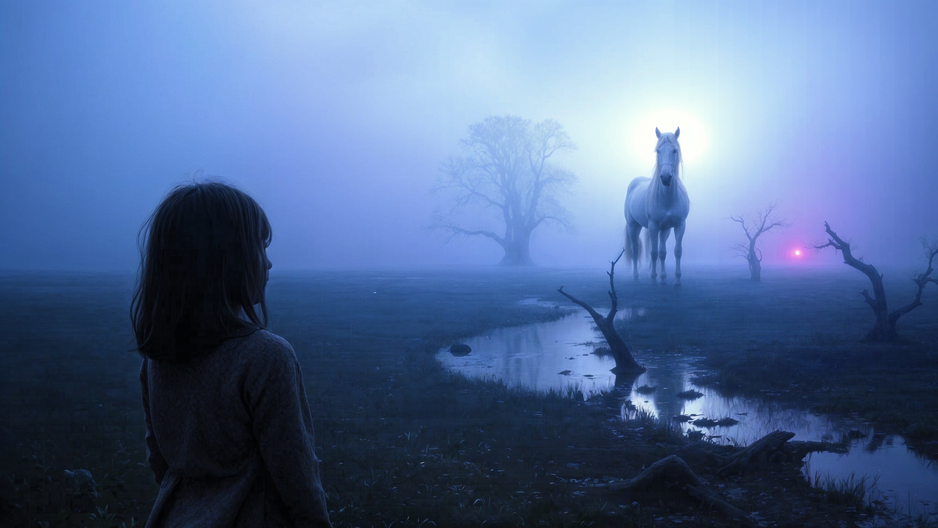 Misty Landscape with Child and Majestic White Horse