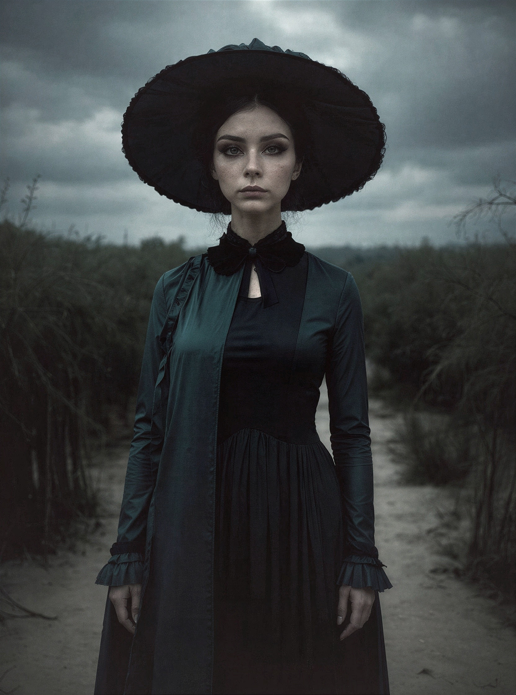 Serious European Woman in Victorian Attire on Path