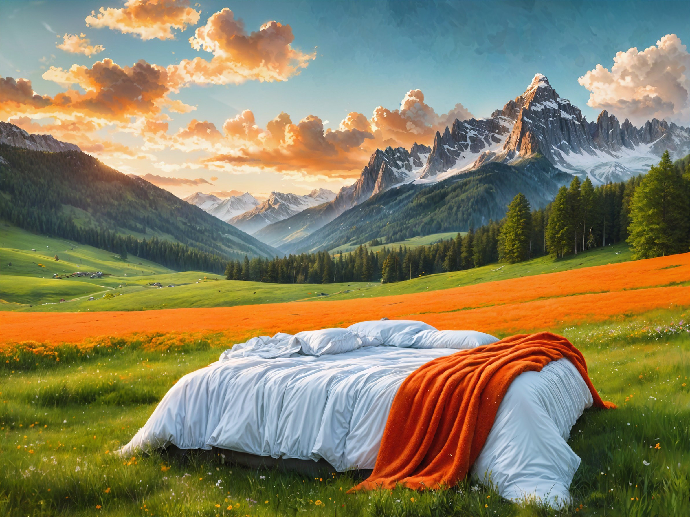 Cozy Bed in Vibrant Meadow with Mountain Backdrop