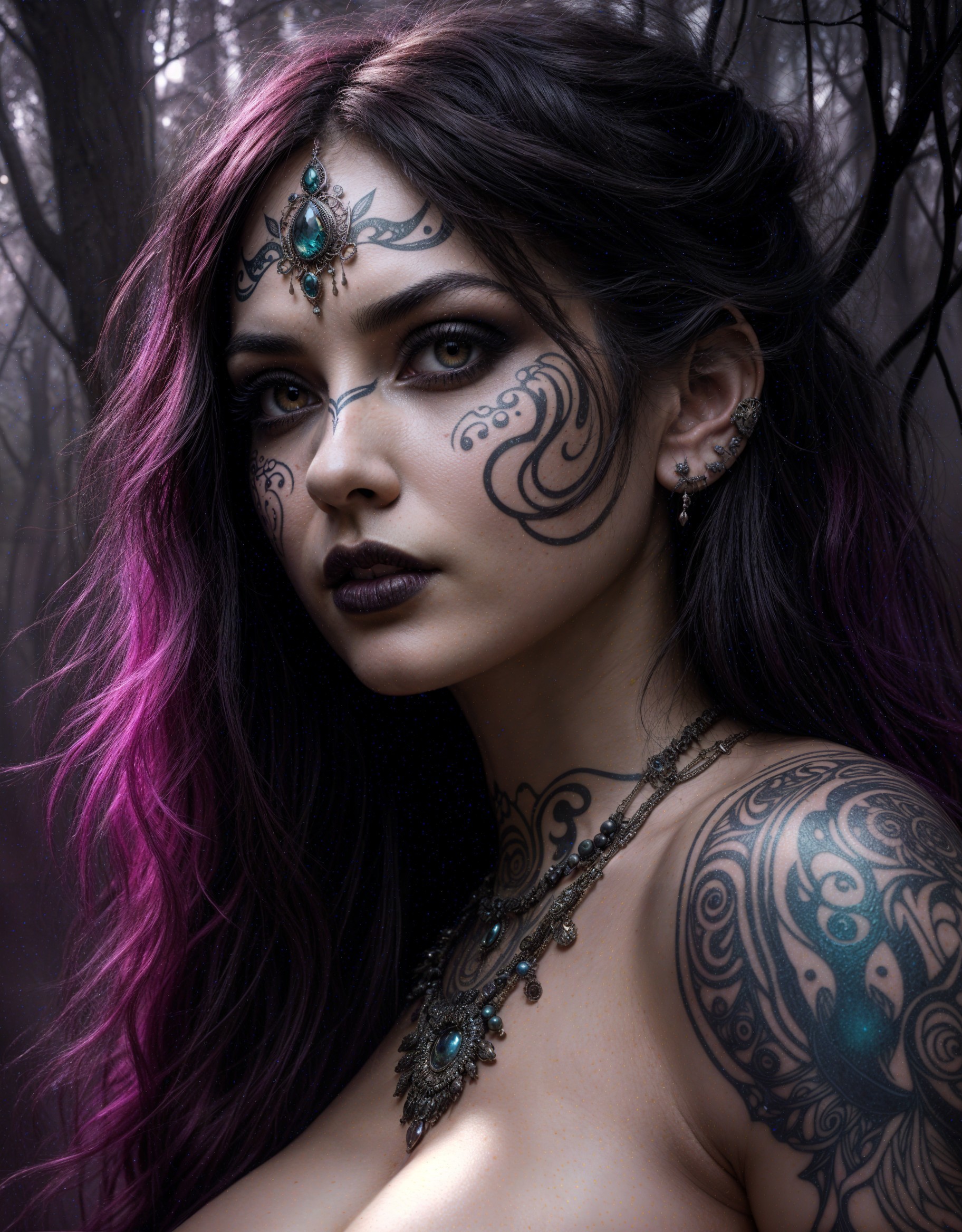 Striking Woman with Body Art in Misty Forest Setting