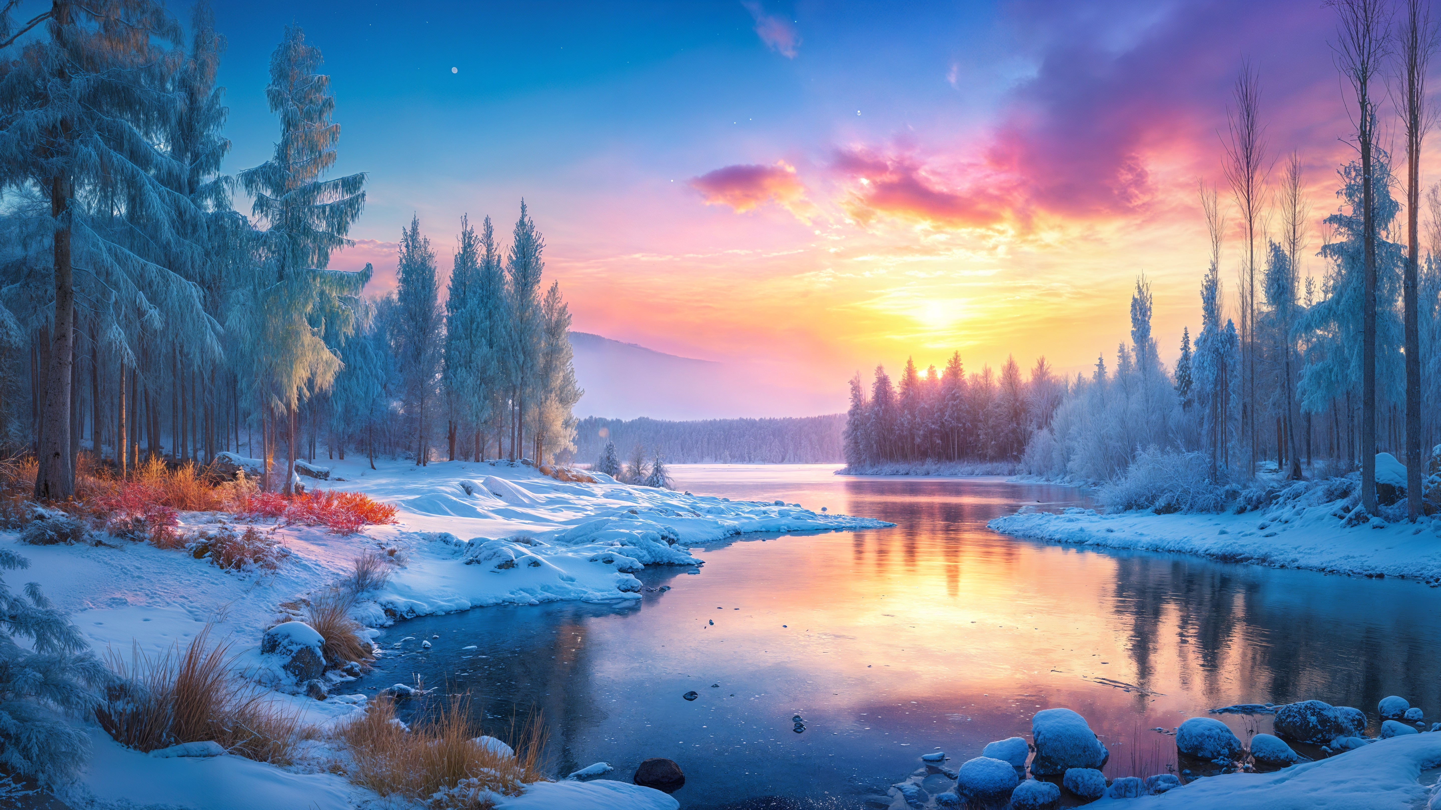 Panoramic Sunset Over Winter Landscape with River