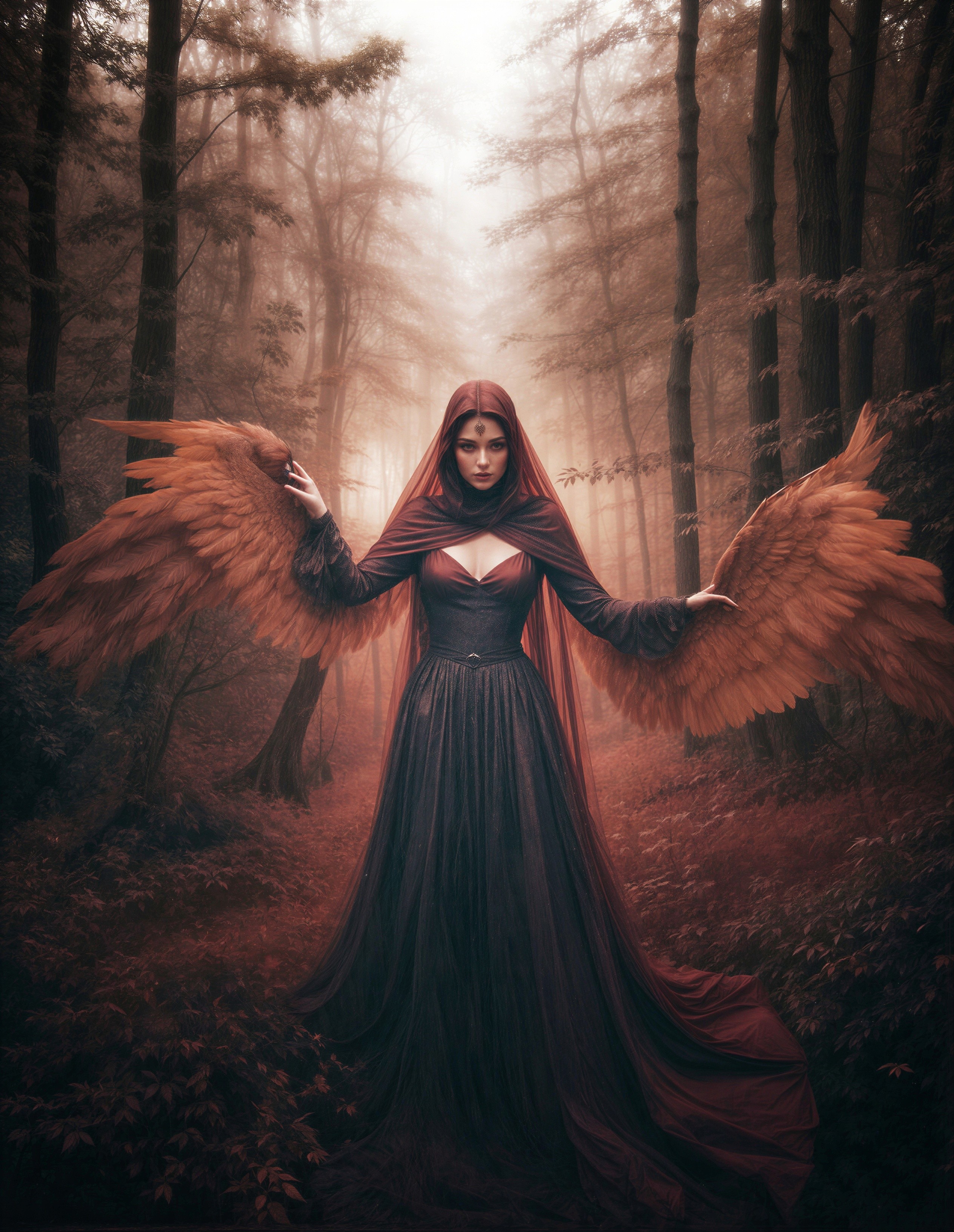 Mysterious Figure in Misty Forest with Fiery Wings