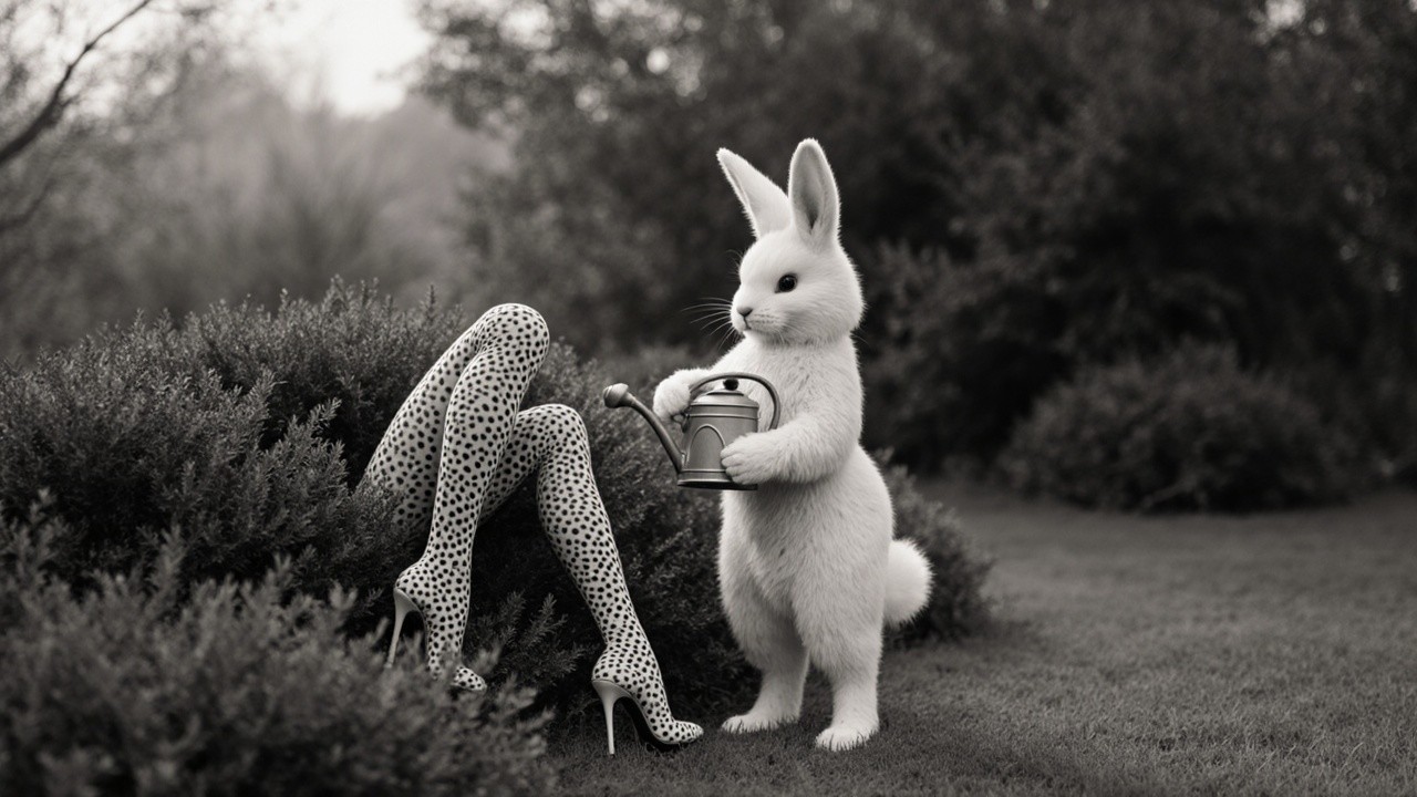 Whimsical Black-and-White Scene with Rabbit and Legs