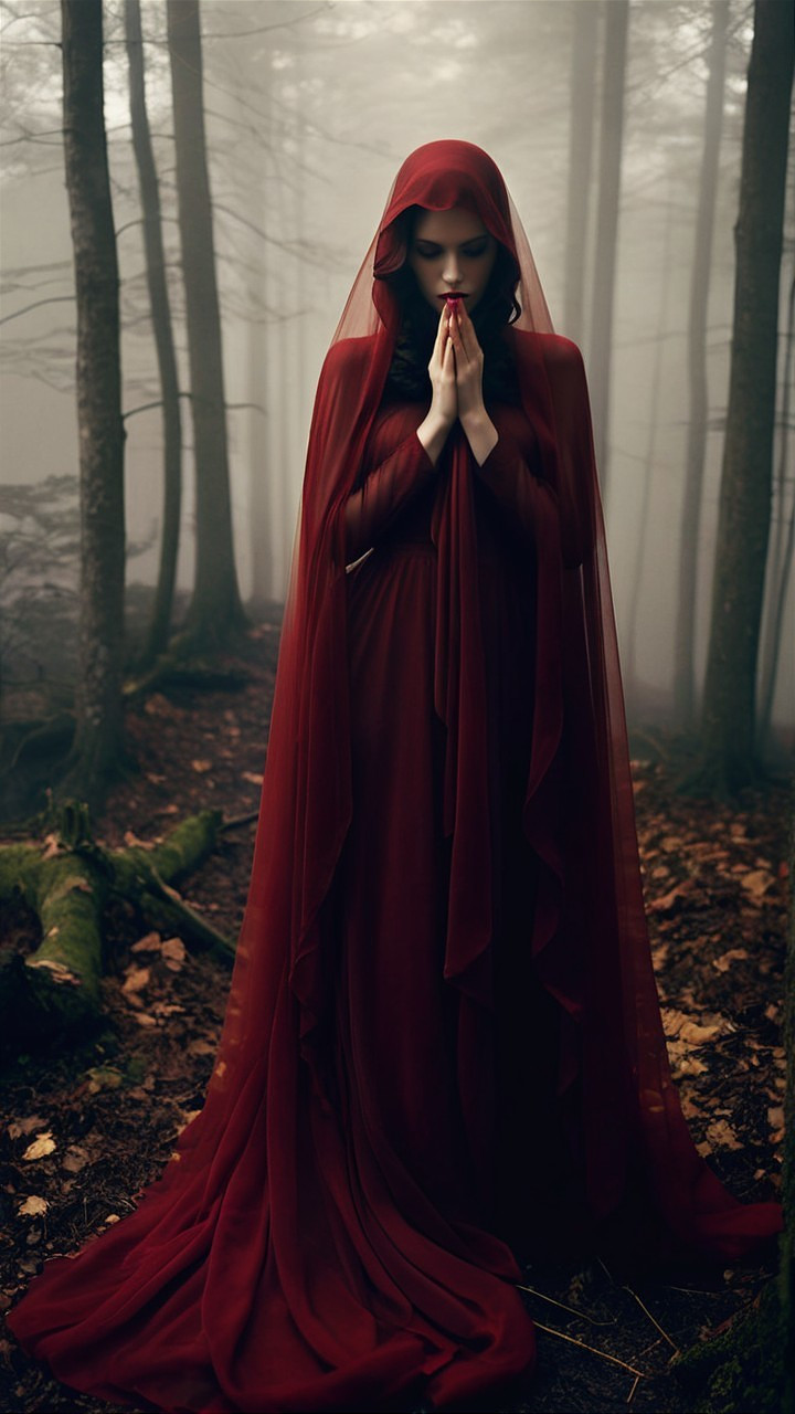 Misty Forest Scene with Figure in Red Cloak