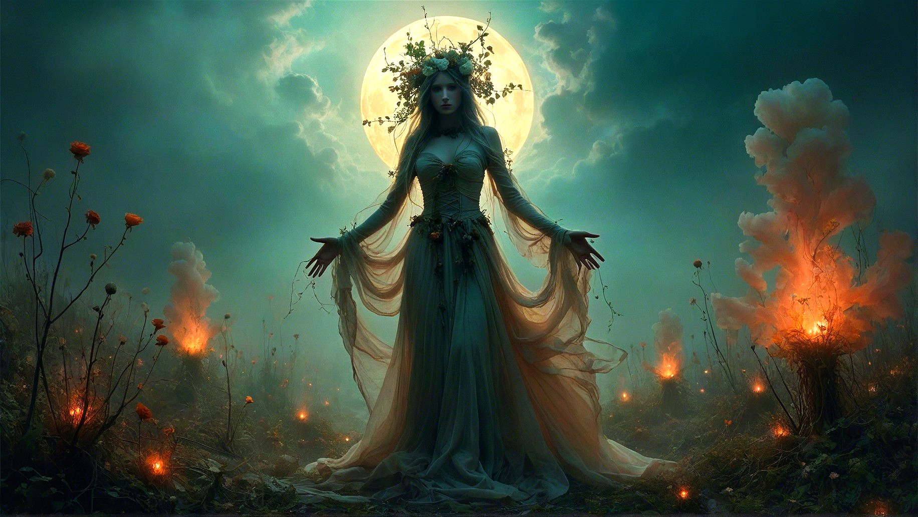 Mystical Figure in a Surreal Landscape with Moonlight