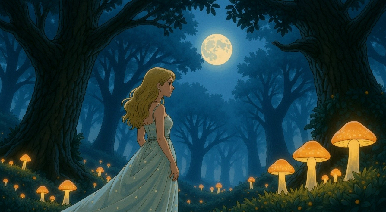 Moonlit Forest with Glowing Mushrooms and Serenity